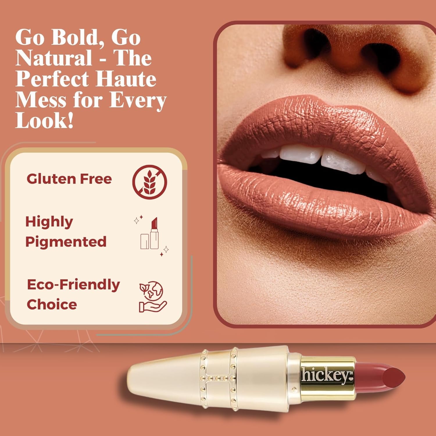 Hickey Lipstick Set, Haute Mess (Terracotta), Refillable Silver Case with Chain, Satin Pouch & Ribbon (Wearable Necklace), Long Lasting Hydrating Velvet Finish Lipstick for Women - Vegan & Gluten-Free