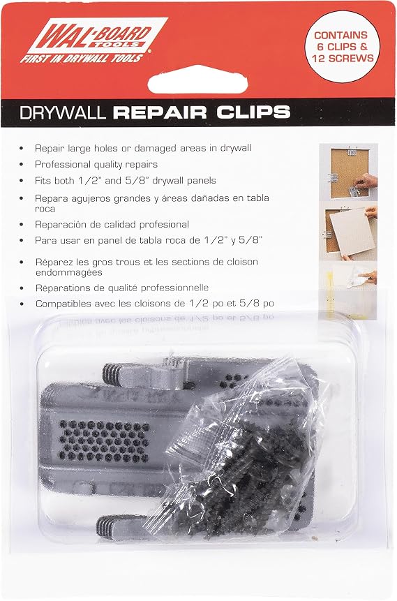 WAL-BOARD TOOLS Drywall Clips, Easy Drywall Repair Solution, Fits 1/2 and 5/8 Panels, Includes 6 Clips and 12 Screws, Made in the USA, 054-014