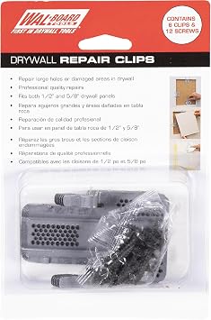 WAL-BOARD TOOLS Drywall Clips, Easy Drywall Repair Solution, Fits 1/2 and 5/8 Panels, Includes 6 Clips and 12 Screws, Made in the USA, 054-014