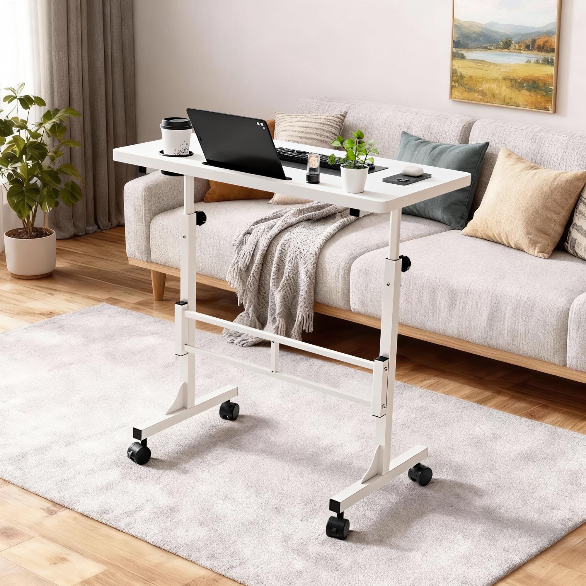 Furmax Small Portable Standing Desk Adjustable Height Mobile Stand Laptop Computer Workstation with Lockable Wheels for Walking Pad — view 6