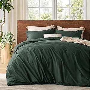 Bedsure 100% Washed Cotton Duvet Cover King Size - Forest Green Minimalist Cotton Duvet Cover Linen Like for All Seasons - GentleSoft™ Plain Simple Bedding (Forest Green, King, 104"x90")