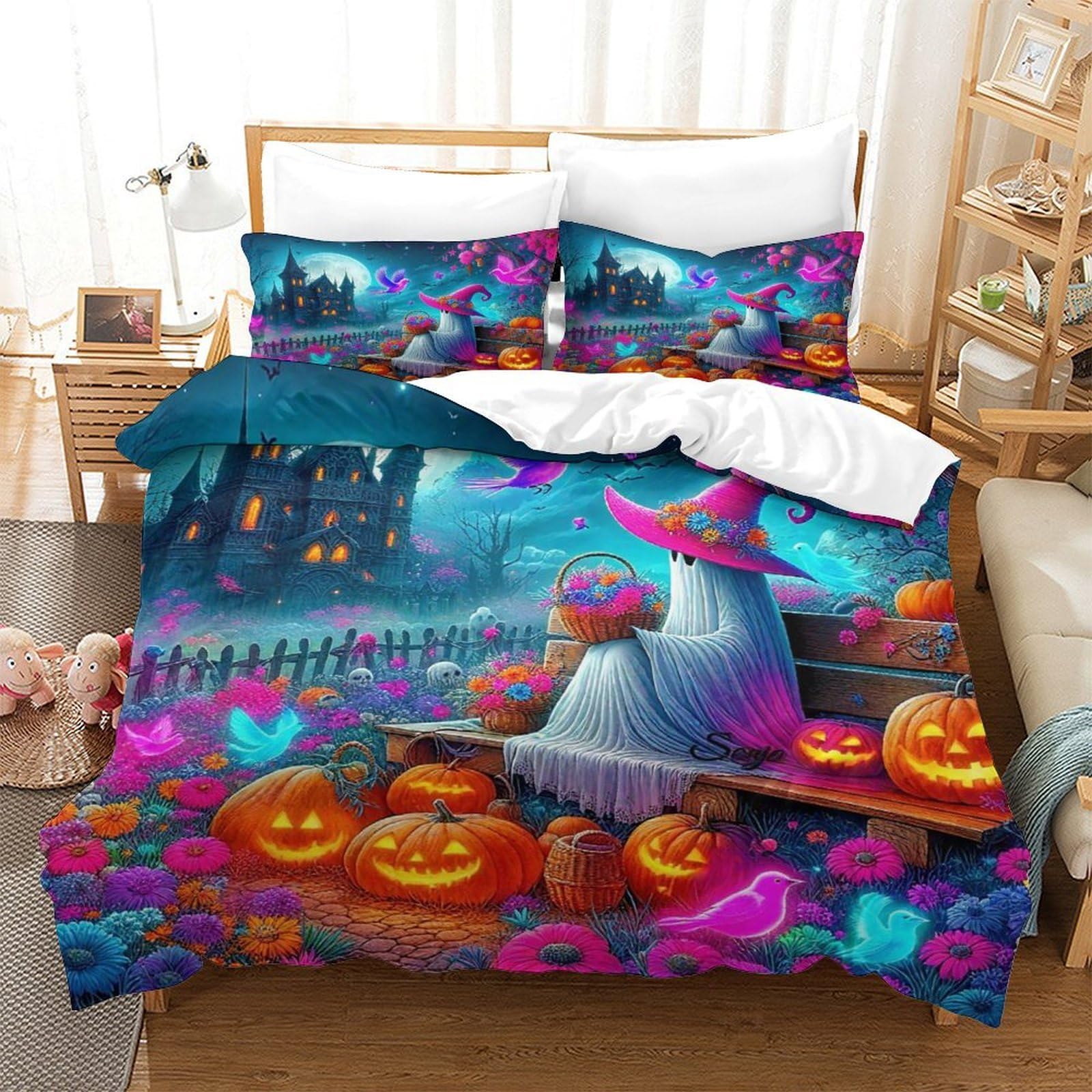 QTIVARLEN Halloween Style Duvet Cover 3 PCS with Pillowcases Durable Microfiber with Zipper Closure Ultrasoft Closure Breathable Double（200x200cm）
