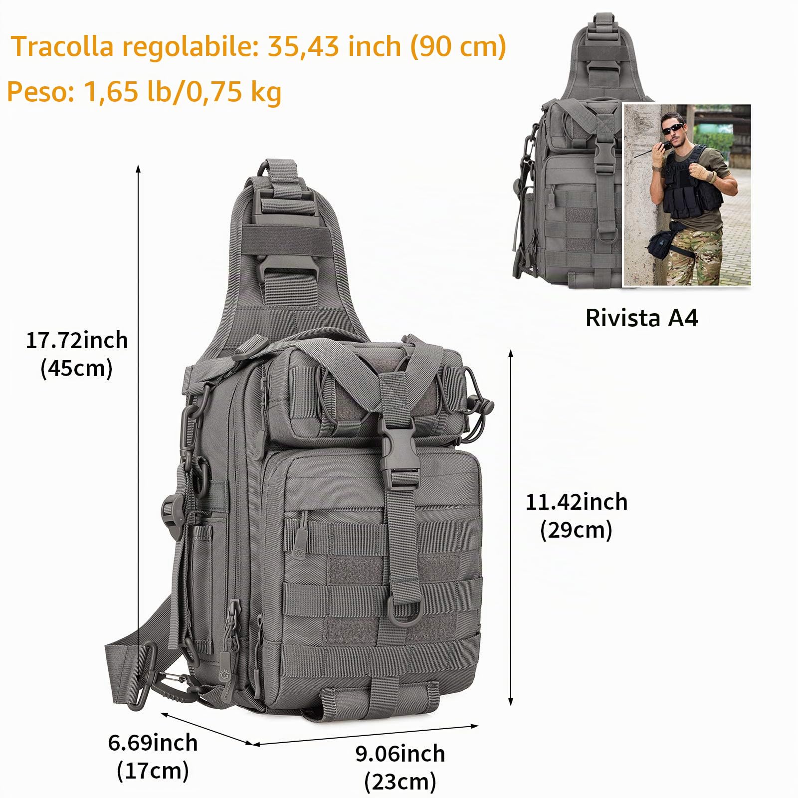 HUNTVP Zaino Monospalla Uomo Tattico Borsa Petto Impermeabile Borsa a Tracolla Militare per Campeggio Escursionismo Ciclismo Viaggio, Type-3 Grigio