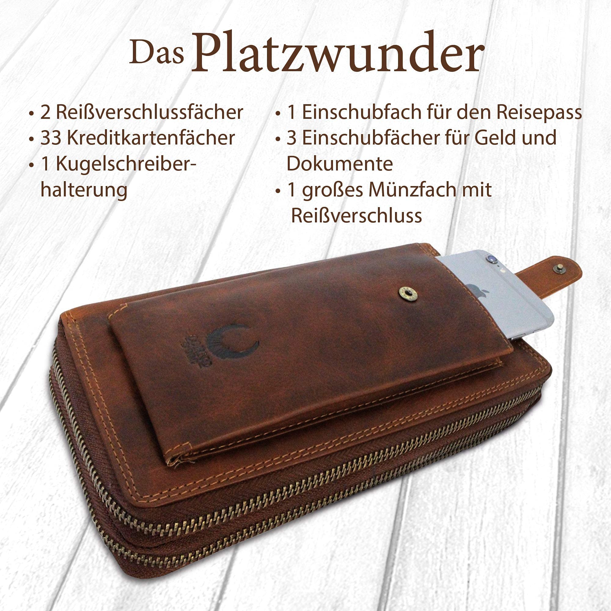 Corno d´Oro Portafoglio da viaggio in vera pelle, travel wallet RFID grande, portadocumenti per passaporto, telefono e documenti, marrone