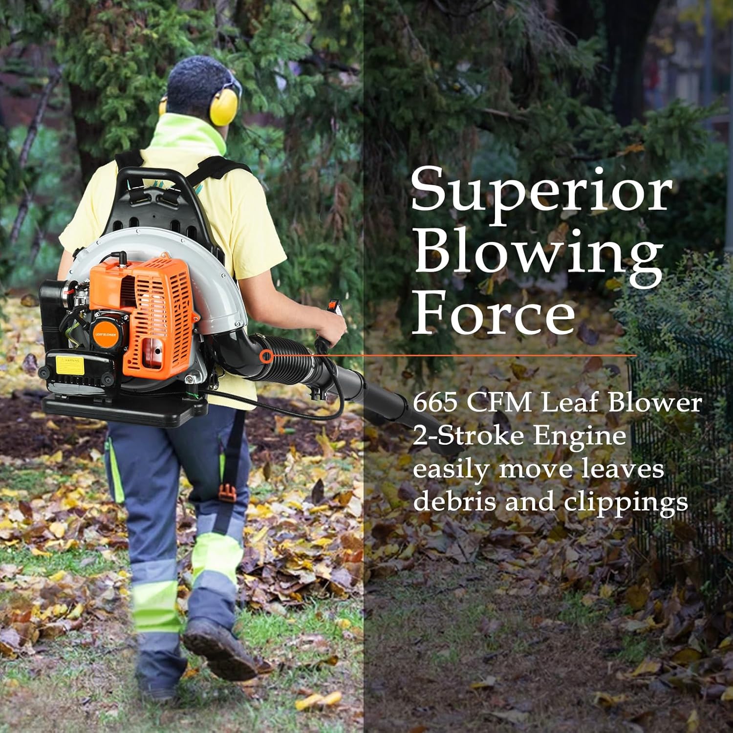 Backpack Leaf Blower, 63CC 2-Stroke Engine Gas Leaf Blower, High Strength Snow Blower, 665 CFM Air Volume, 6800R/min, Ergonomic Design, Handheld Leaf Blower for Dust, Snow, Debris, Outdoor