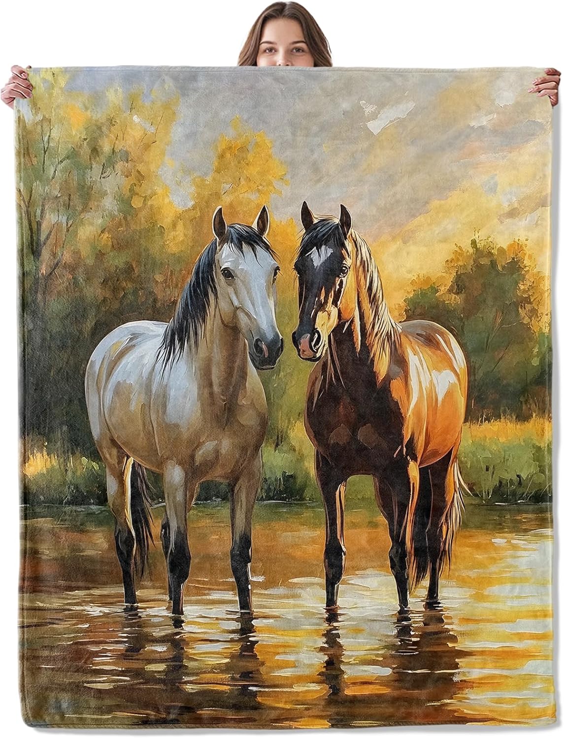 Horse Blanket, Lightweight Comfy Sunset River and Tree Botanical Throw for Couch Sofa Bedroom, Soft Cozy Travel Flannel Rustic Peaceful Blankets Gifts for Women Girls Kids, Home Decor 60×50in