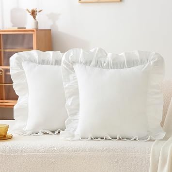 Ruffle Throw Pillow Covers - 2 Pack 18 x18 inches Off White 100% Washed Cotton Vintage Style Decorative Pillowcases with Zipper Closure for Bed/Living Room