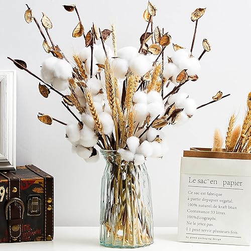 24 piezas de flores de algodón artificial de granja, ramo de trigo seco, decoración de algodón falso con cabeza para ramo de graduación, mesa de