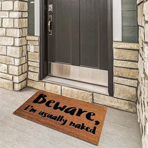 Miniatura 6 de Tapete de bienvenida para interiores, tapete de puerta con texto en inglés "Beware I'm Usually Naked", divertido tapete con refranes para