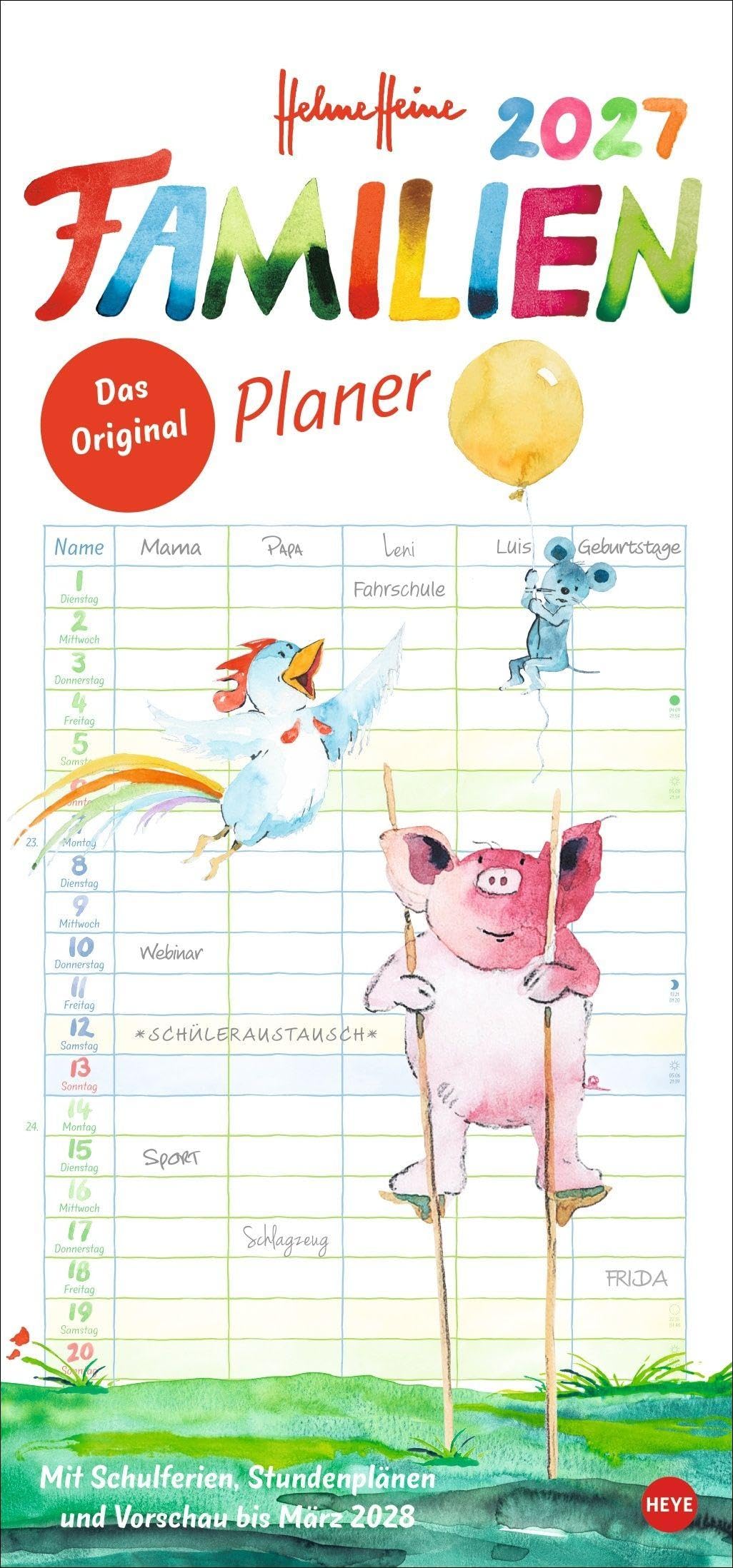 Helme Heine: Familienplaner 2027: Familienkalender mit 5 Spalten. Liebevoll illustrierter Familien-Wandkalender mit Schulferien und Stundenplänen.