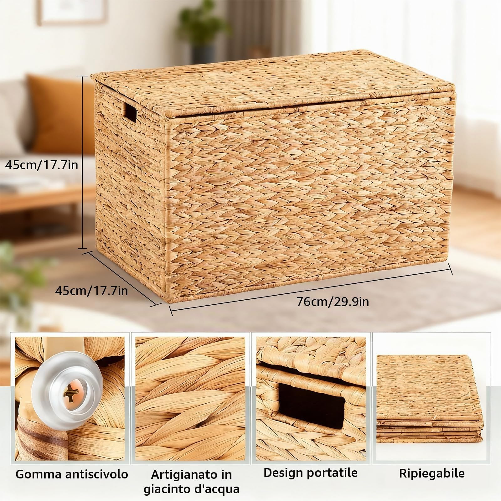 Grande cesto portaoggetti in tessuto con coperchio, 160 l, con fodera rimovibile, cesto portabiancheria intrecciato a mano per biancheria, coperte, giocattoli e camera da letto (giacinto