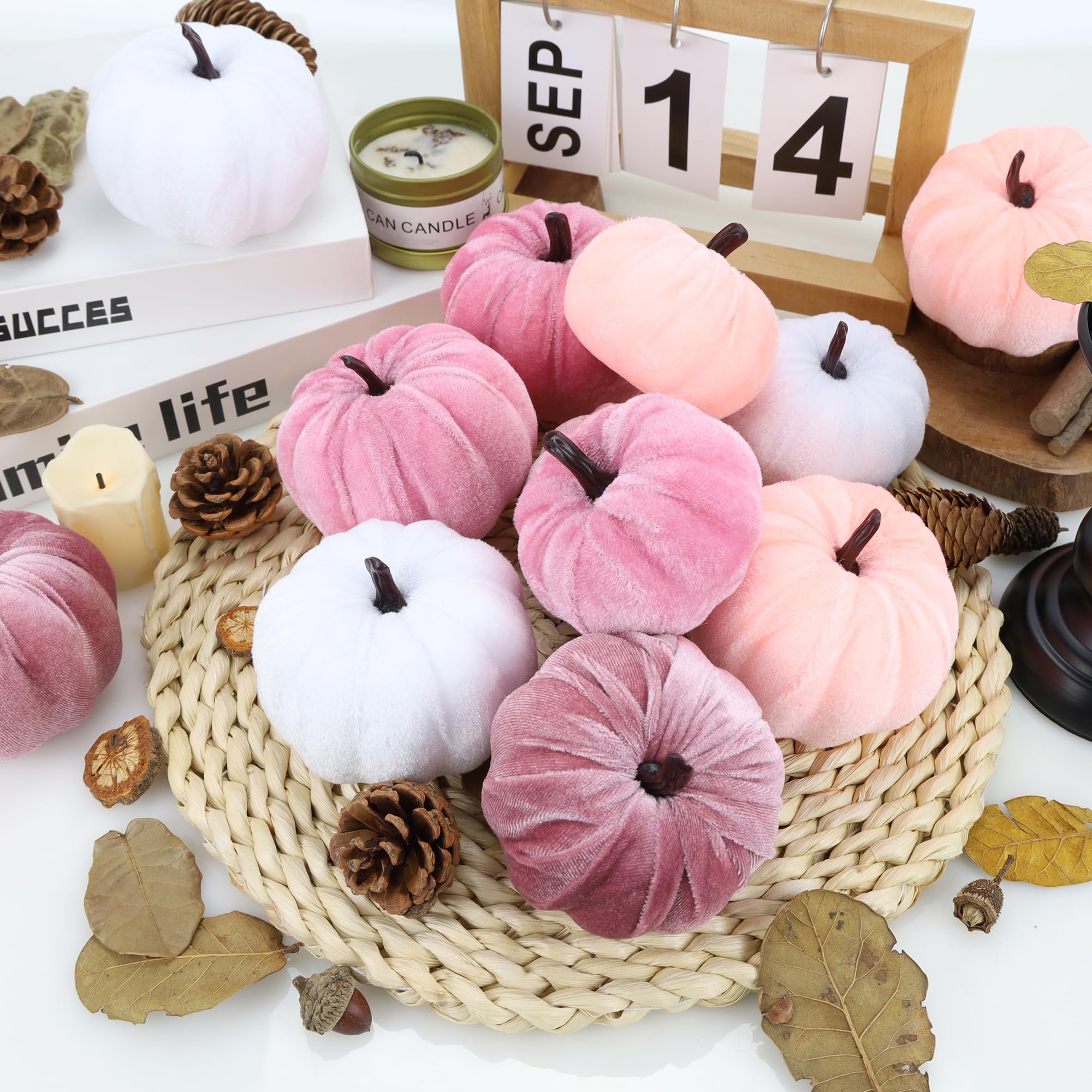 XIANNVXI Lot de 12 petites citrouilles artificielles en velours pour décoration d'Autmn - 3 couleurs - Rose et blanc - Pour décoration d'Halloween, automne, Thanksgiving
