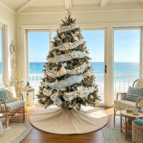 Summer Burlap Tree Skirt, 36 Inches Rustic Farmhouse Decorations Tree Ornaments, Linen Tree Mat for 5-6 Ft Pencil Slim Tree, Coastal Boho Holiday Tree Decor