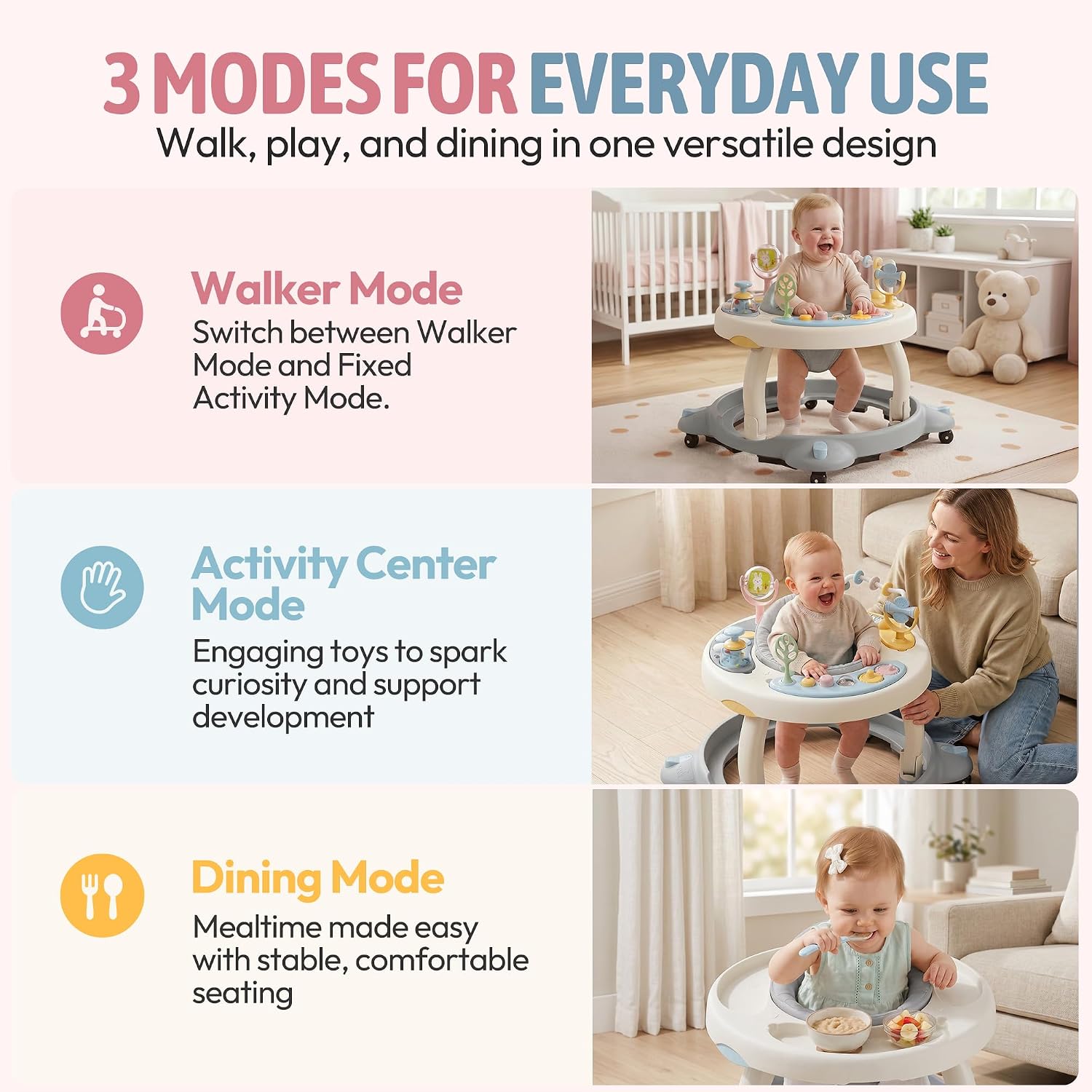3-in-1 Baby Walker with Wheels,Foldable Infant Walker,Activity Center-Grey | 360° Rotating Seat, Zipper-Adjustable Height, Quiet Wheels, Wide Round Base, Brake Pads, Musical Toys,Compact Storage