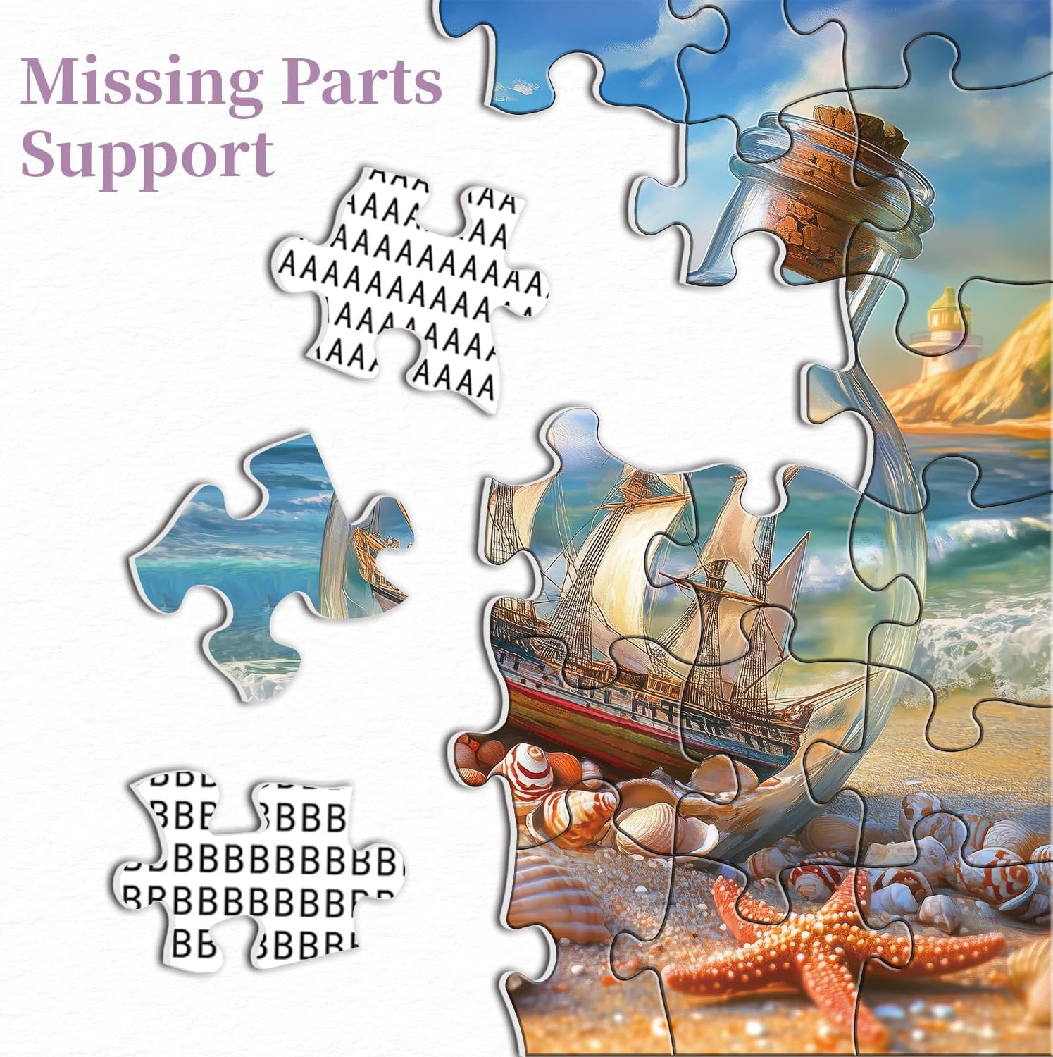 Beach Puzzles for Adults 1000 Pieces, Seashells Jar Sailboat Art Jigsaw Puzzles, Summer Ocean Starfish Puzzle as Home Wall Art