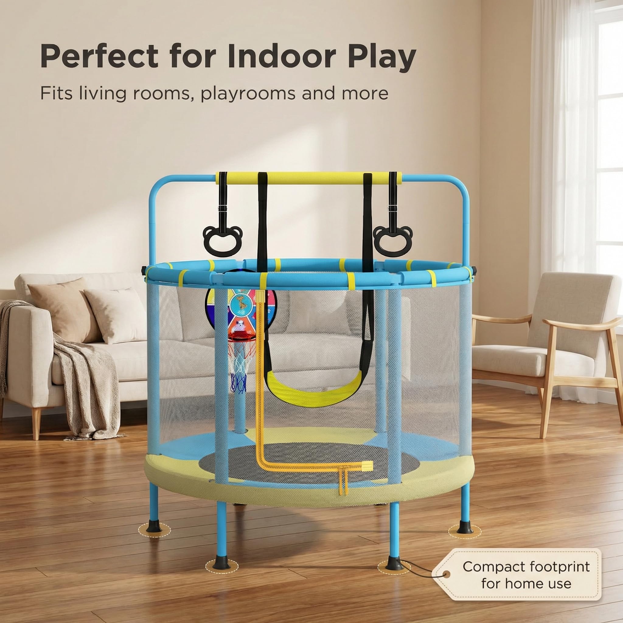 PILIN Trampolino Per Bambini, φ140CM Multifunzionale 4 In 1, Con Altalene, Barre, Cerchi, Canestri Da Basket/Bersagli, Portata 50 Kg, Uso Interno Ed Esterno Del Trampolino Da Giardino