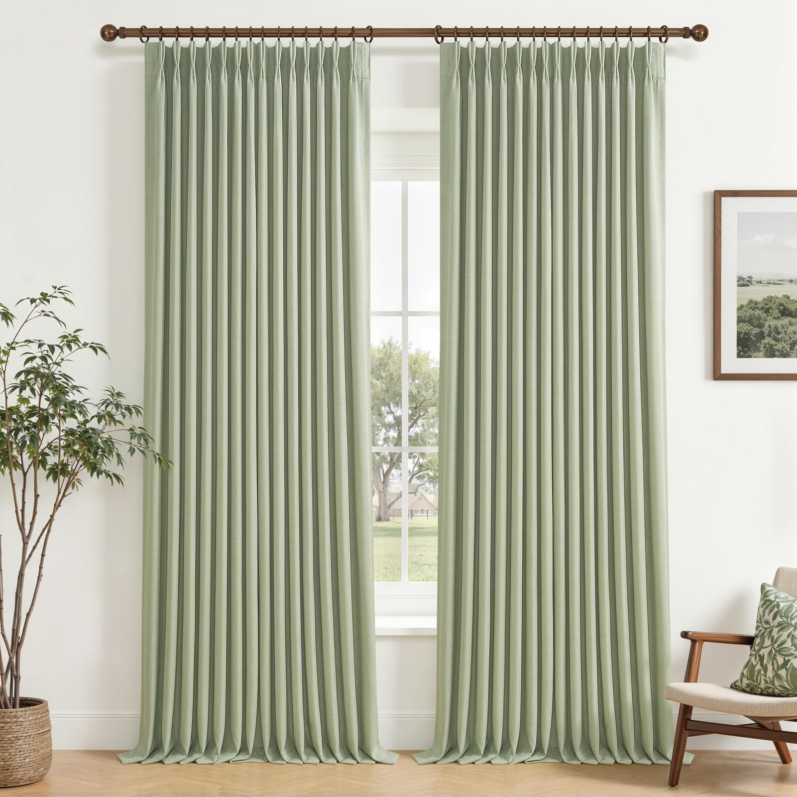 Photo 1 of Full Blackout Sage Green Linen Dual Layer Curtains 96 Inches Long for Living Room 2 Panels Set, Pinch Pleated Noise Reducing Heat Blocking Farmhouse Curtain 40x96 Inch Length for Bedroom Window Drapes