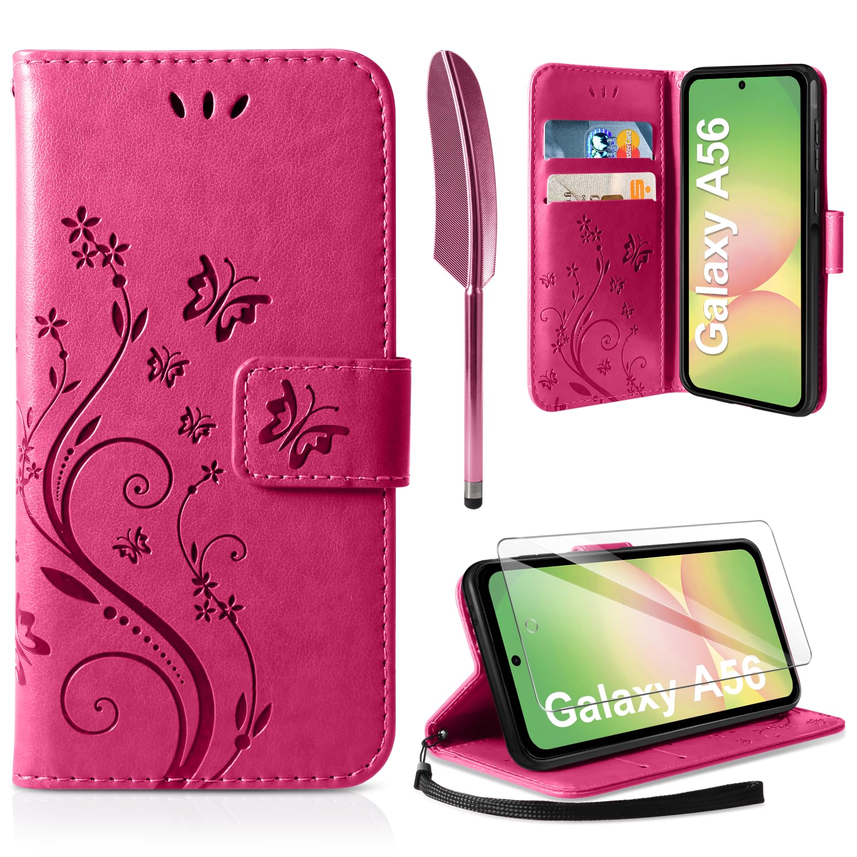 AROYI Lederhülle Kompatibel mit Samsung Galaxy A56 5G Hülle und Schutzfolie, Flip Wallet Handyhülle PU Leder Case Kartensteckplätzen Schutzhülle Kompatibel mit Samsung Galaxy A56 5G Rosenrot