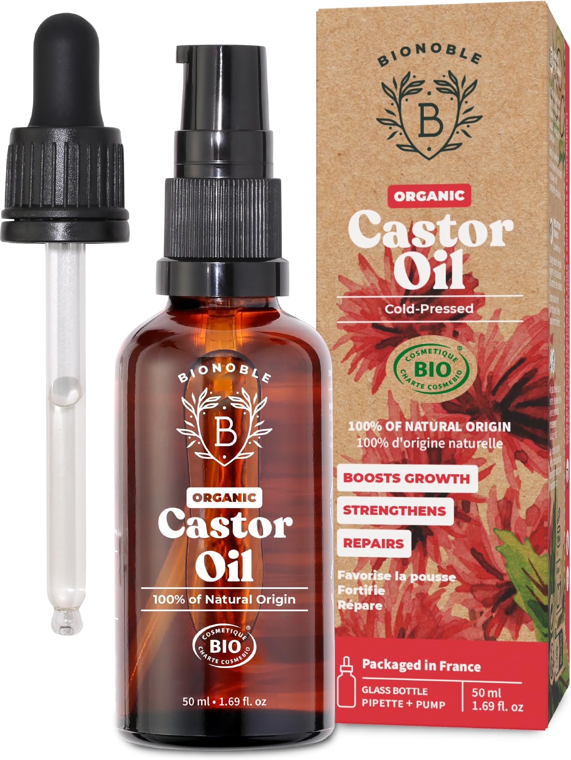BIONOBLE Organic Castor Oil Cold Pressed - Hexane Free, 100% Natural - Pure Castor Oil Organic for Eyelashes, Hair Growth, Eyebrows, Skin, Face - Glass Bottle with Pipette and Pump - 50ml