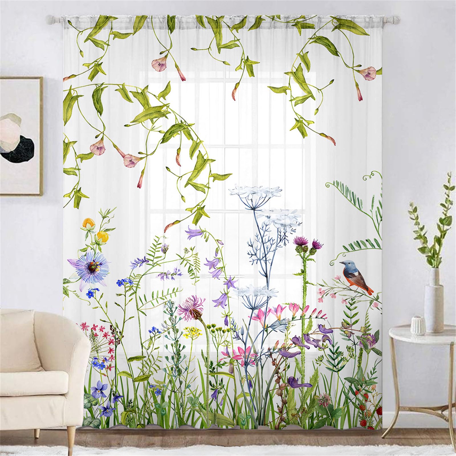 Surwin Net Curtains for Windows, 1 Panels Voile Curtain, Flower and Bird Series with Eyelets, Semi Transparent Lightweight Voile Panel for Living Room Bedroom Balcony (White 1,W132xH241cm)