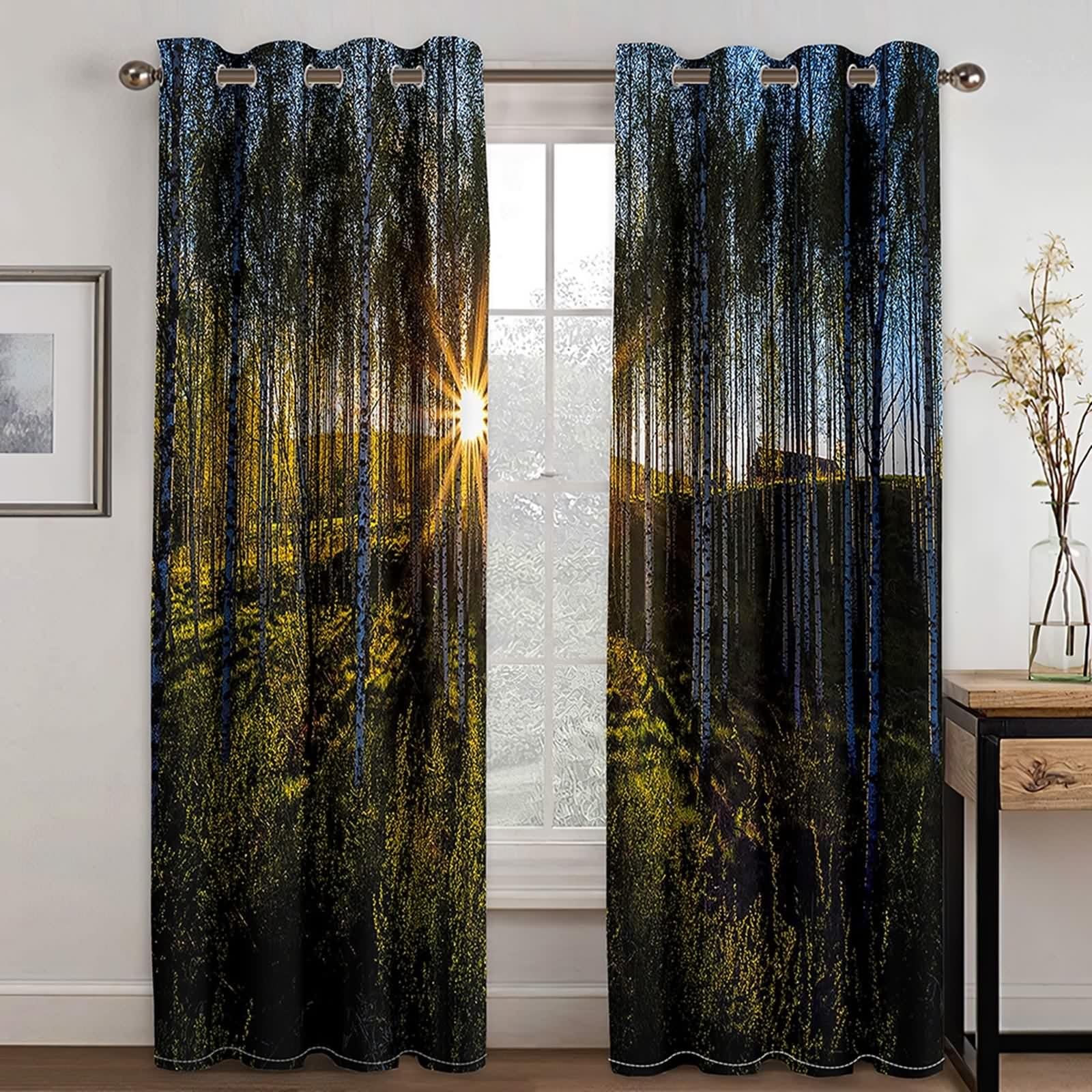 Rideau Chambre, Rideau Cuisine Long Multicolore Polyester Paysage de Lever de Soleil en Forêt 214L x 274H CM Lot de 2