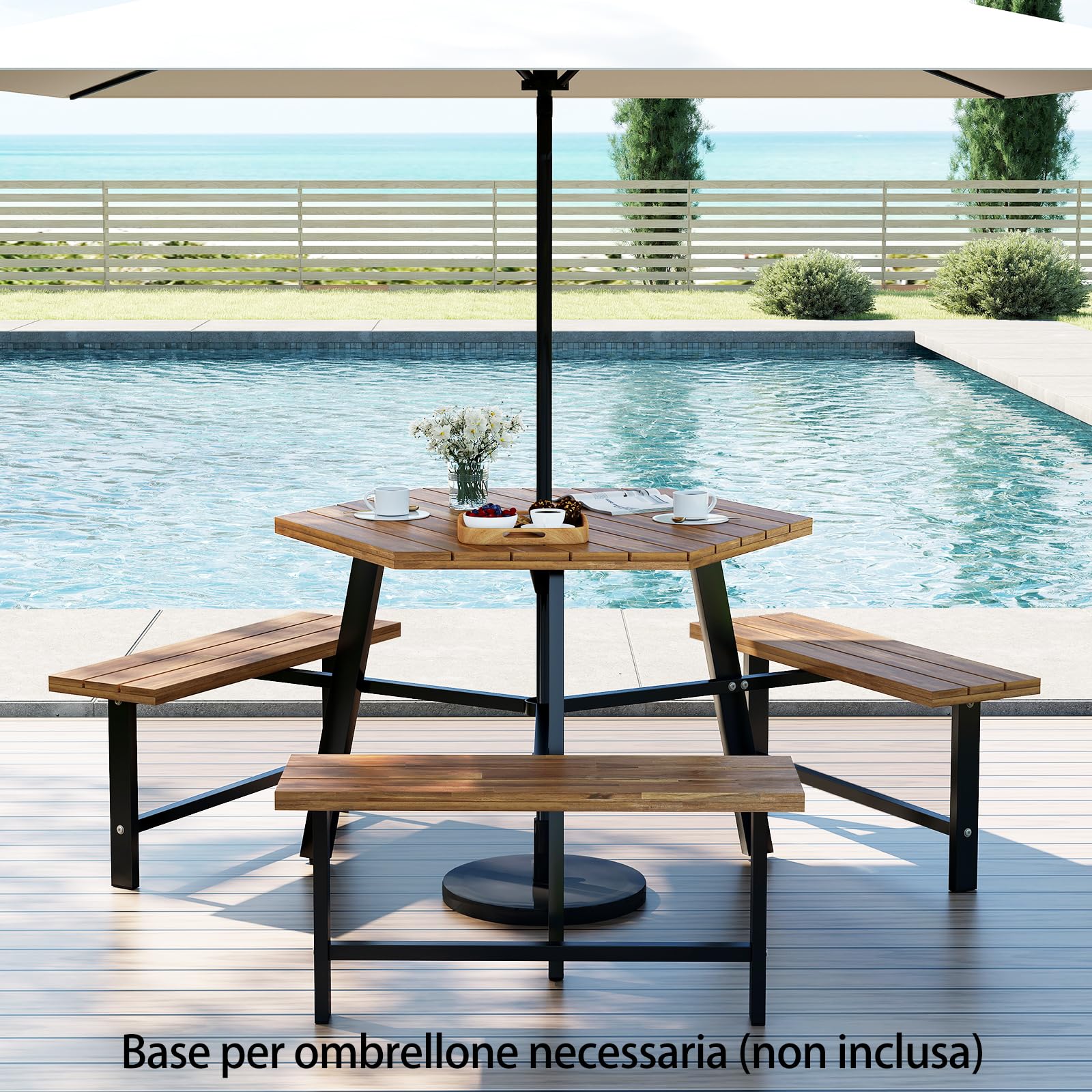 RELAX4LIFE Tavolo da Picnic per 6 Persone in Legno di Acacia con Panchine Incorporate, Set da Tavolo da Pranzo Esterno con Foro per Ombrellone e Struttura in Metallo per Patio, Giardino, Bordo Piscina