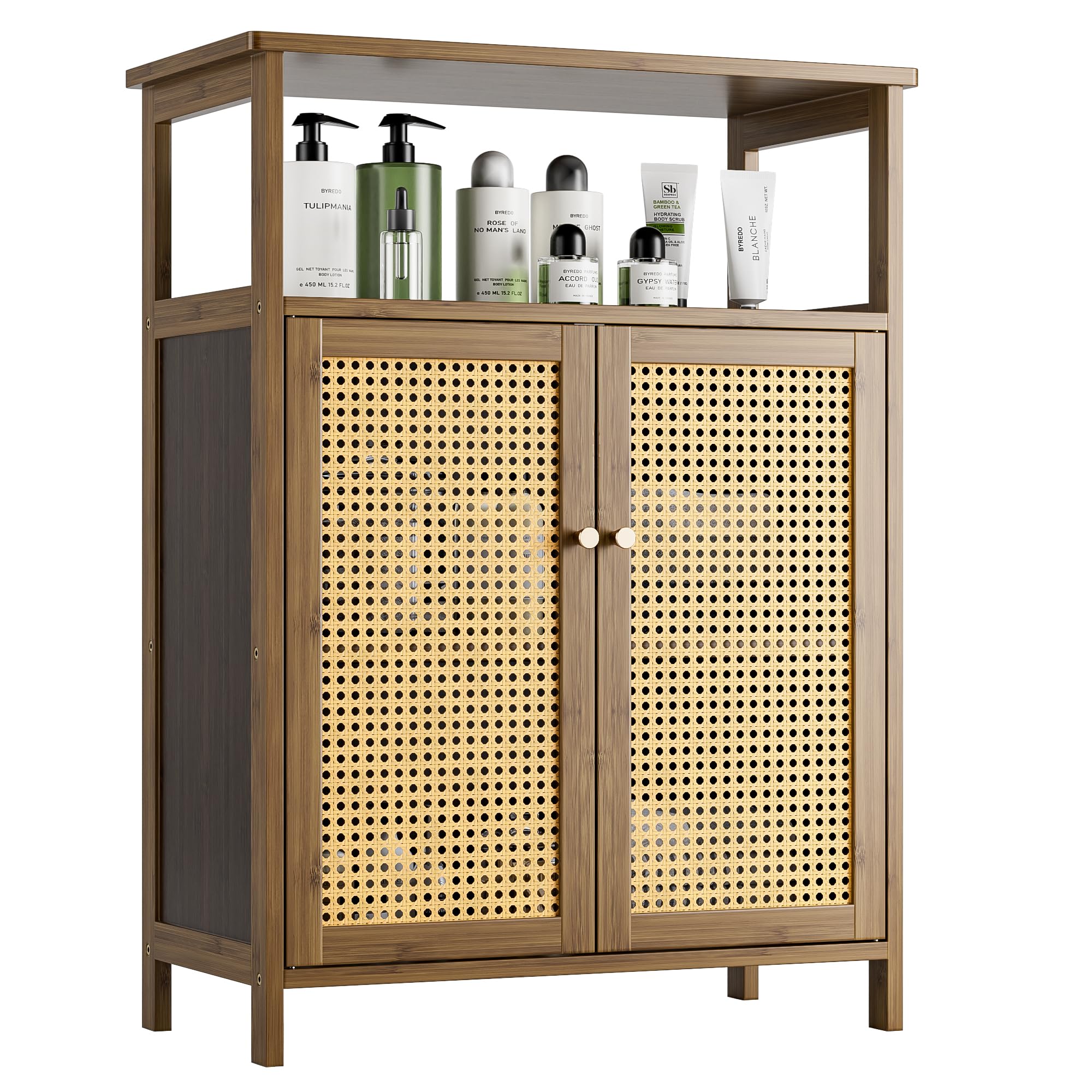 vovala Bathroom Floor Stand Cabinet, Bamboo Storage Organizer Table with 2 Rattan Doors and 1 Shelf, Wooden Side Cupboard for Hallway, Laundry, Kitchen, Living Room (Walnut)
