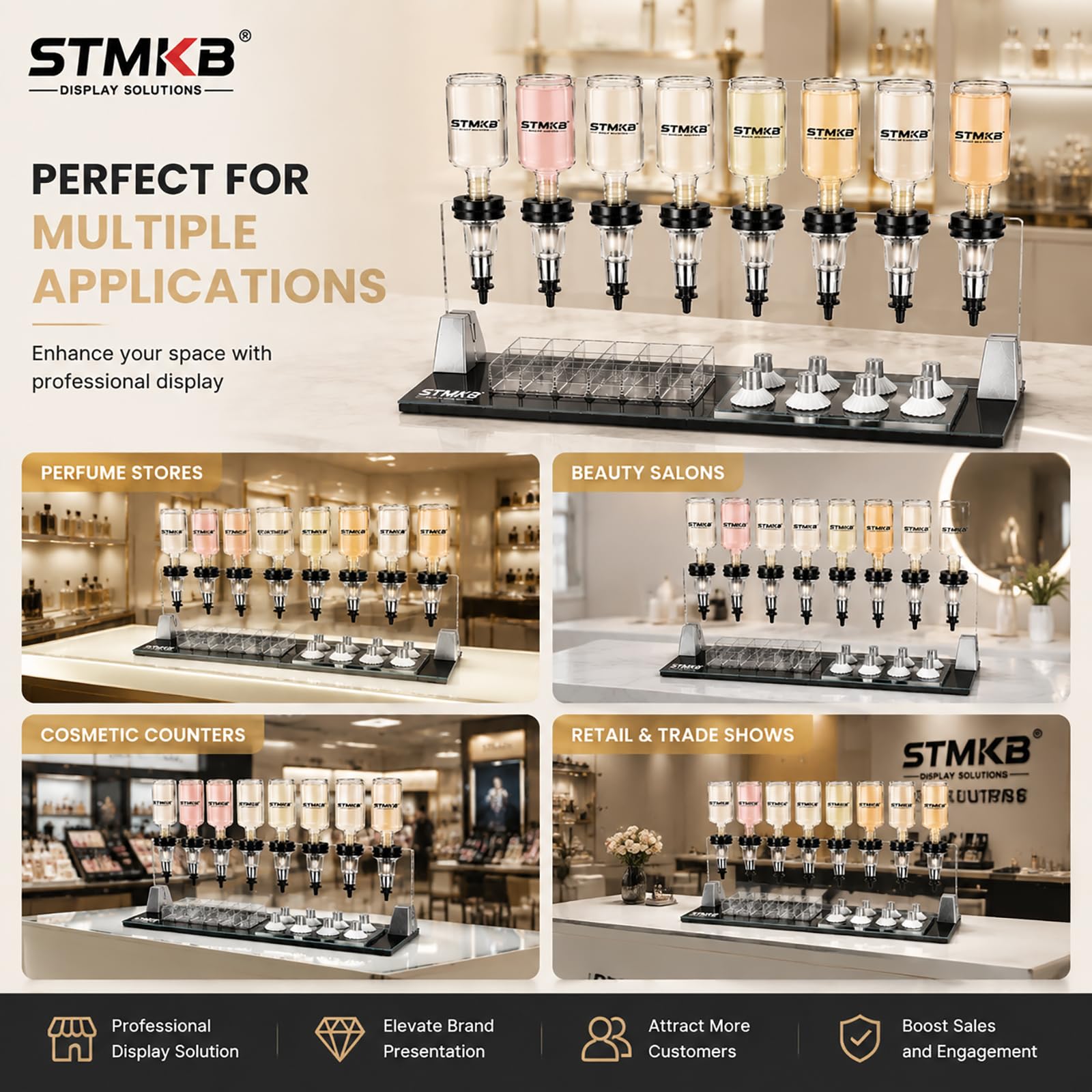 Expositor De Perfume Acrílico para 8 Frascos con Pulverizadores Metálicos, Capacidad para 200 Ml, Ideal para Salones De Belleza, Tiendas De Cosméticos Y Comercios.