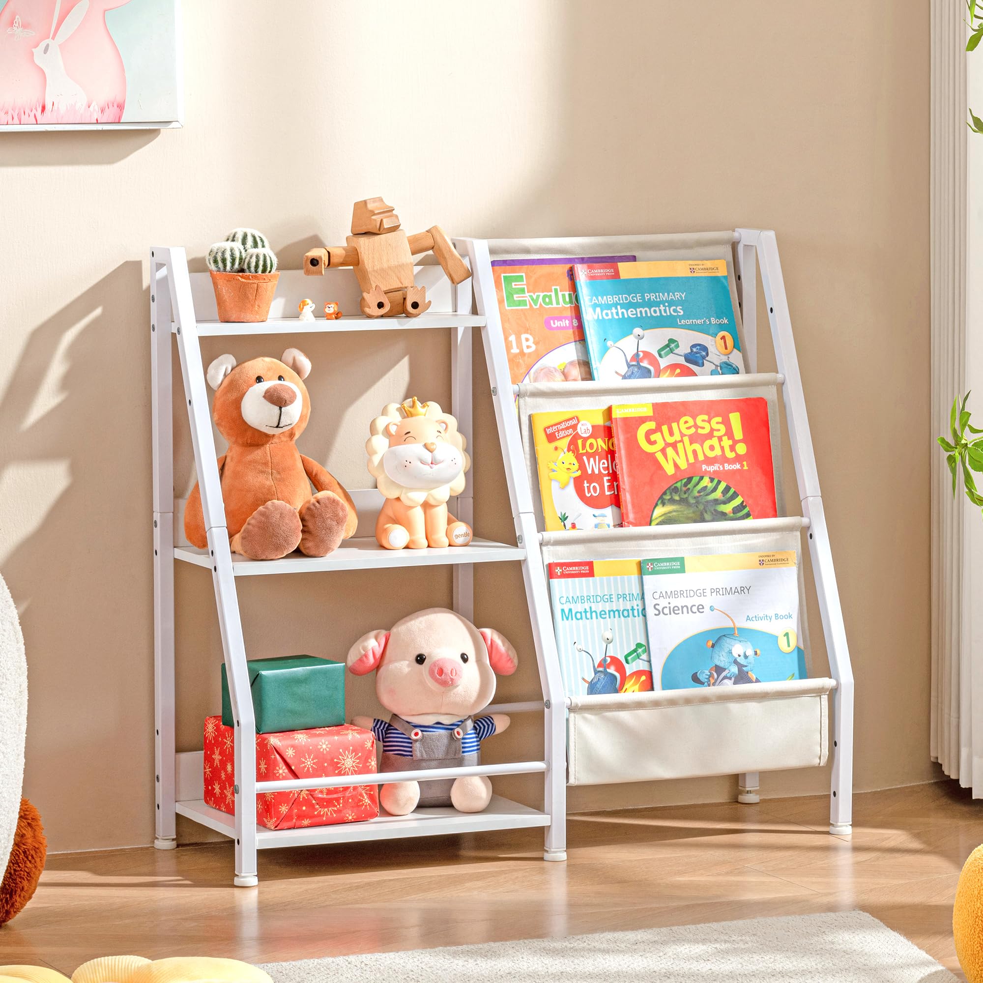 FURNIinspire 3 Tier Kids Bookshelf, Toddler Bookshelf and Toy Storage Organizer for Kids, Kids Bookcase Metal Non-Slip Storage Shelves for Kids Room, Bedroom, Playroom and Nursery, White