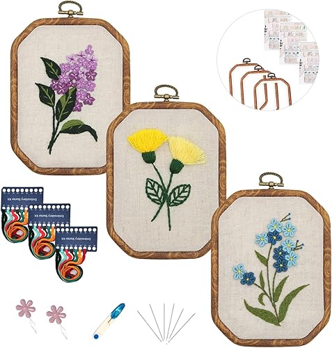 Maydear Paquete de 3 piezas de bordado con patrón, kits de punto de cruz estampados para adultos principiantes con aro de bordado e instrucciones