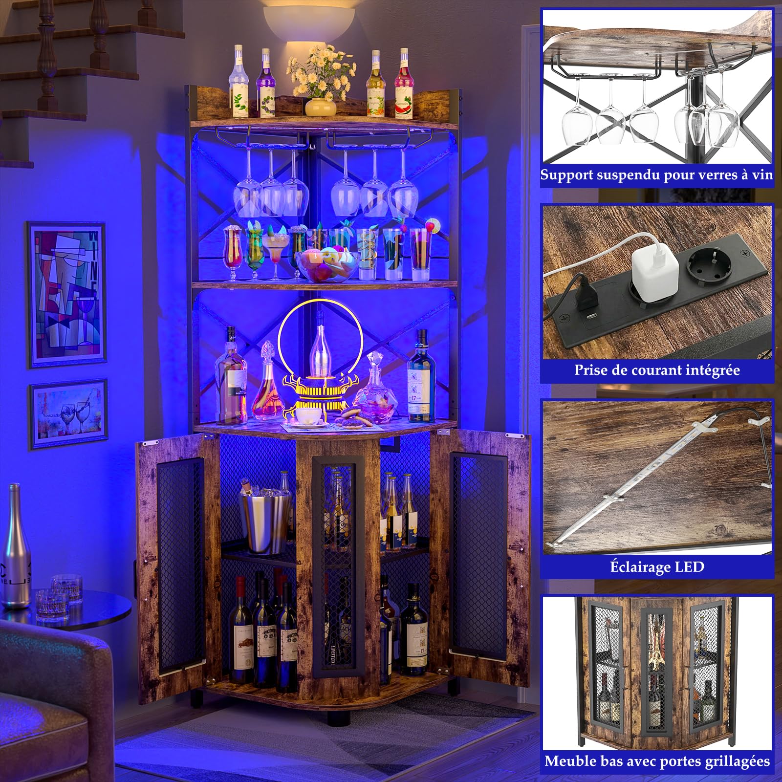 iSunirm Meuble Bar d'angle avec Prise électrique, Meuble à vin Industriel avec Bande LED et Porte-Verres, à liqueurs à 5 Niveaux pour la Maison, vitrine d'angle pour Petits espaces, Marron