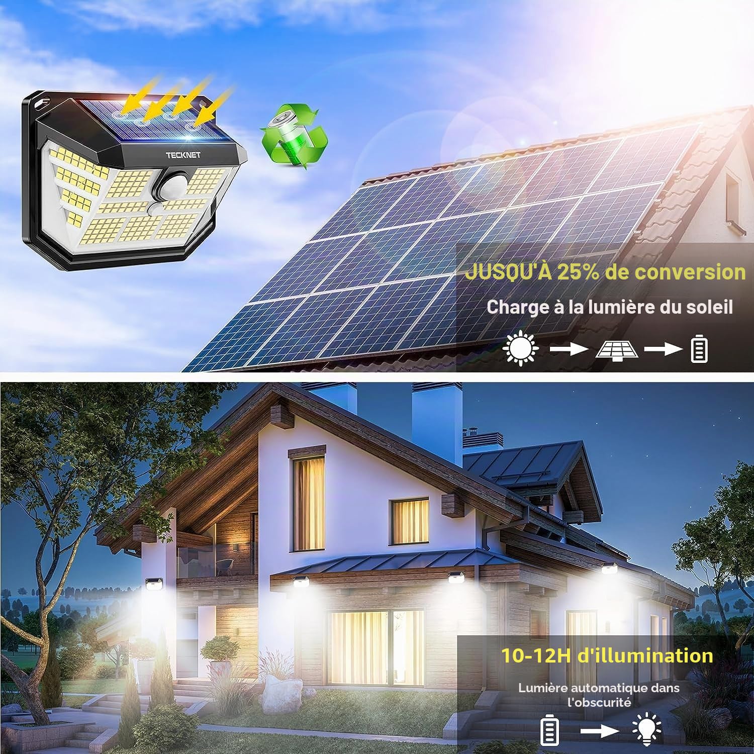 TECKNET Lampe Solaire Extérieur,231 LEDs Éclairage Extérieur Solaire à 300° | IP65 Lampe Murale Étanche , 3 Modes Projecteur Solaire, avec Détecteur de Mouvement, pour Jardin, Patio et Garage - Pack de 6