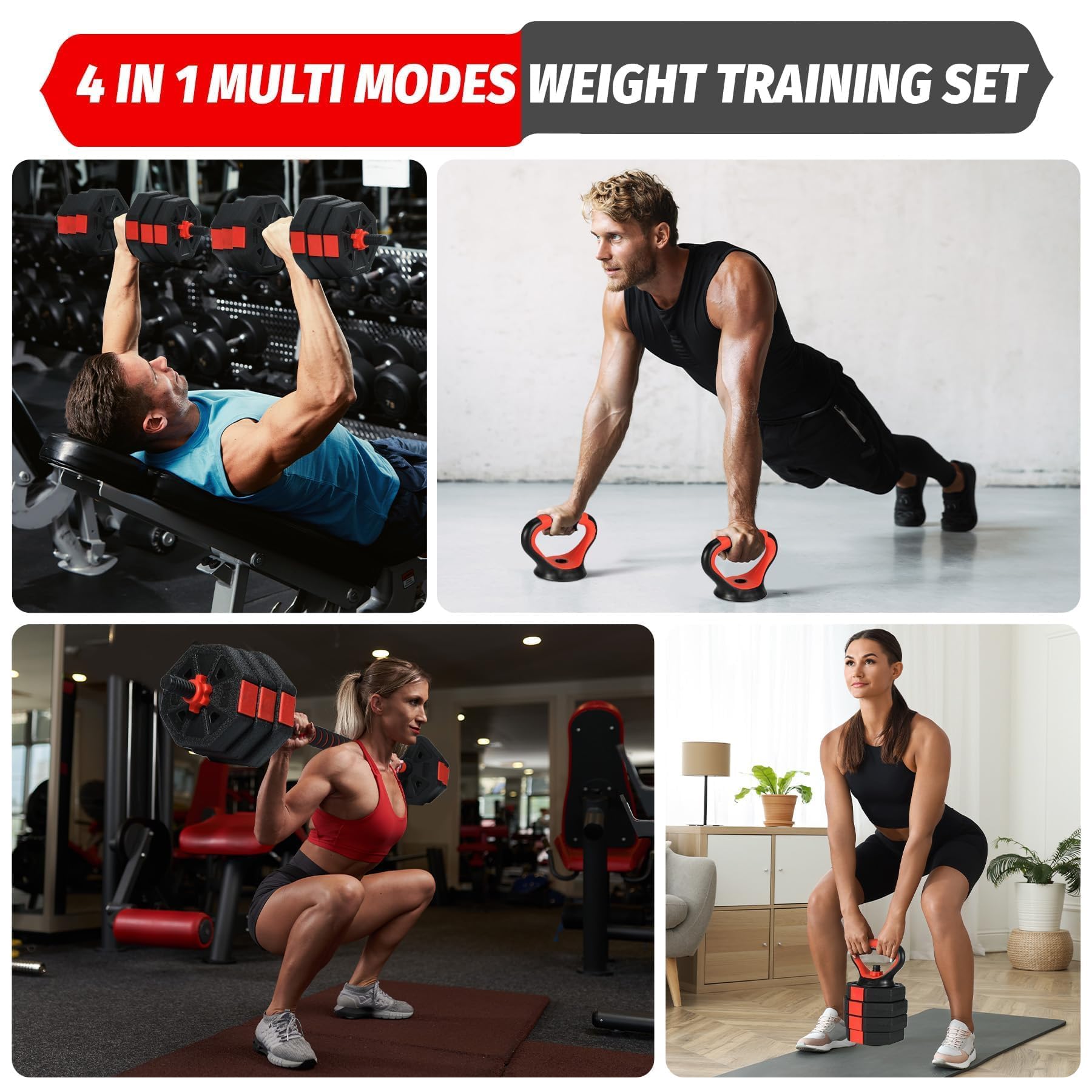 3-in-1 Adjustable Dumbbell Set 66lbs, Free Weights for Home Gym with Anti-Slip Handle & Connector, Barbell/Kettlebell/Dumbbell Combo for Men Women