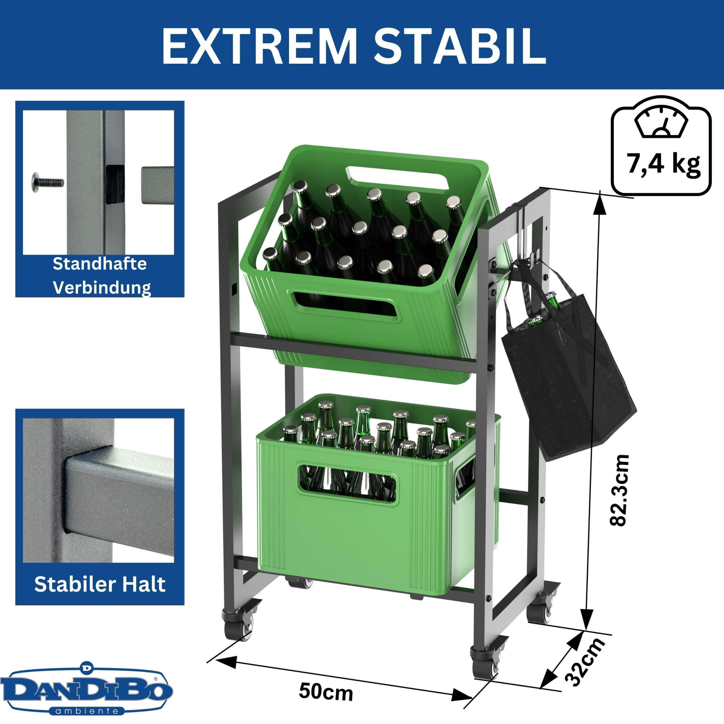 DanDiBo Getränkekistenregal 2 Kisten mit Gitter Haken Rollen Schmal Metall Schwarz 96649 Getränkeregal Kistenregal Getränke Regal Behälter