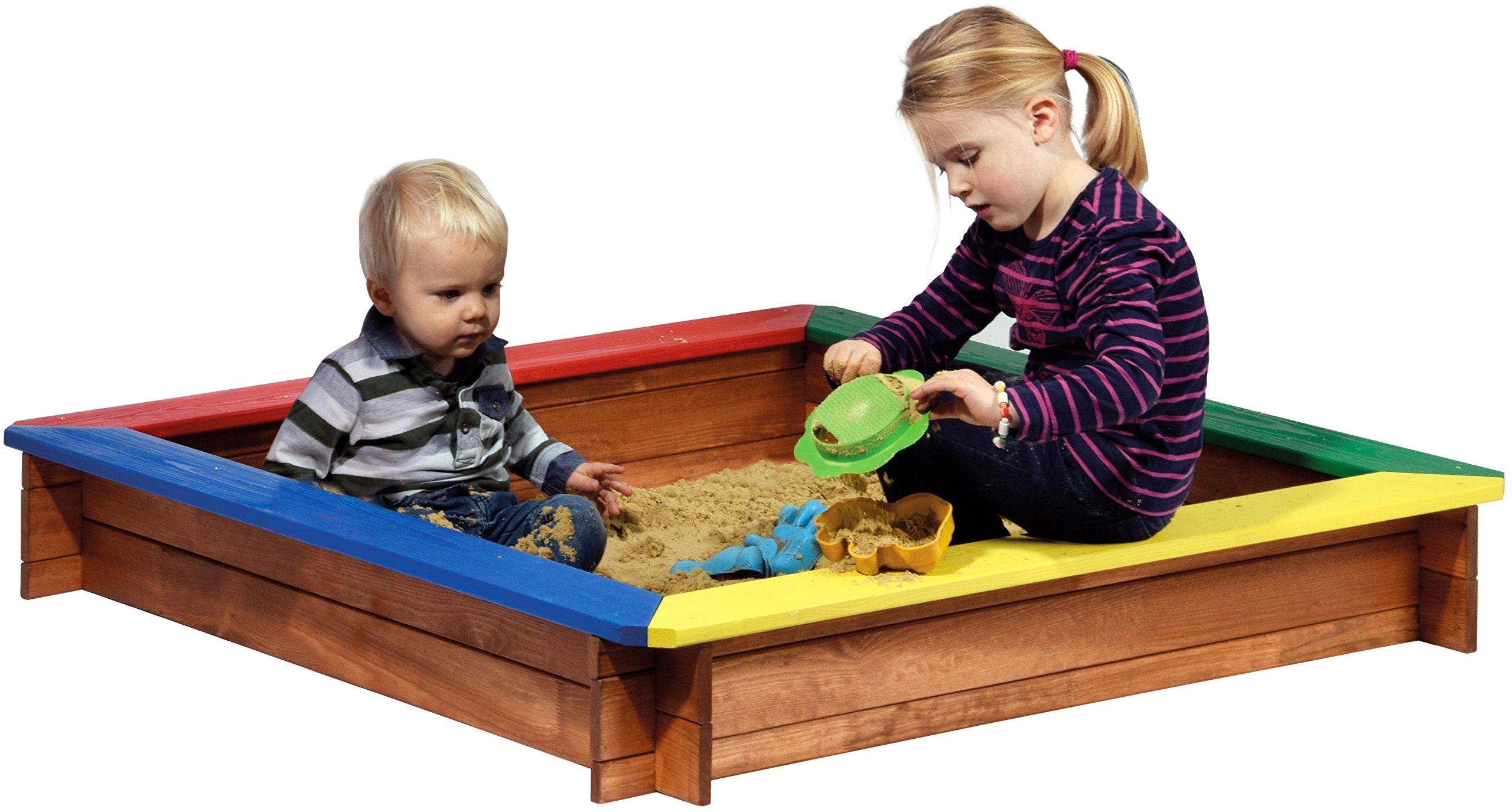 dobar® green label quadratischer Sandkasten | Bunte Sandkiste Holz ohne Dach | Klassischer Kinder-Sandbox aus massivem Vollholz | 117 x 117 x 18 cm | 5-farbig
