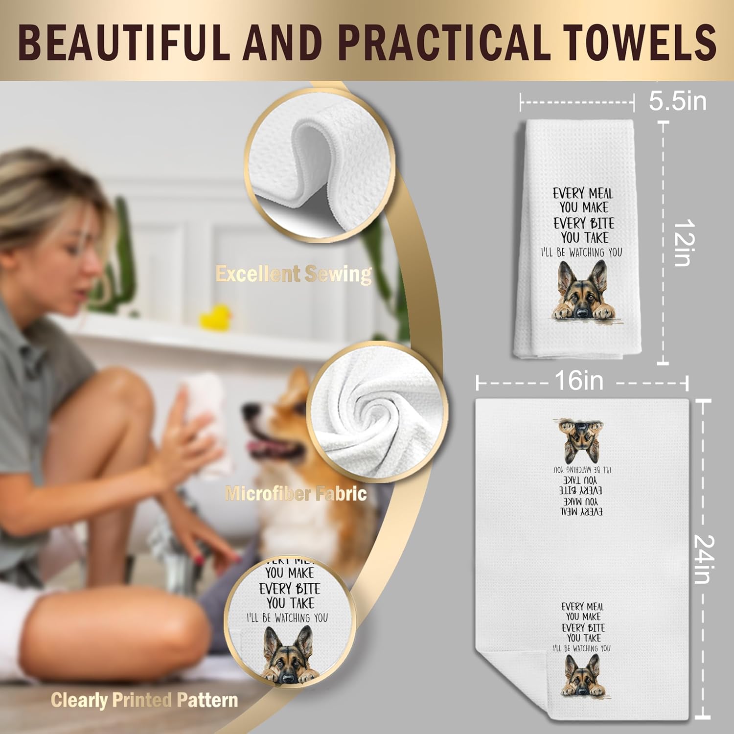 German Shepherd Dog Kitchen Towels, German Shepherd Gifts for Women, German Shepherd Gifts Dish Towels Tea Towels for Kitchen, Gifts for German Shepherd Lovers, 16x24 Inches - Image 2