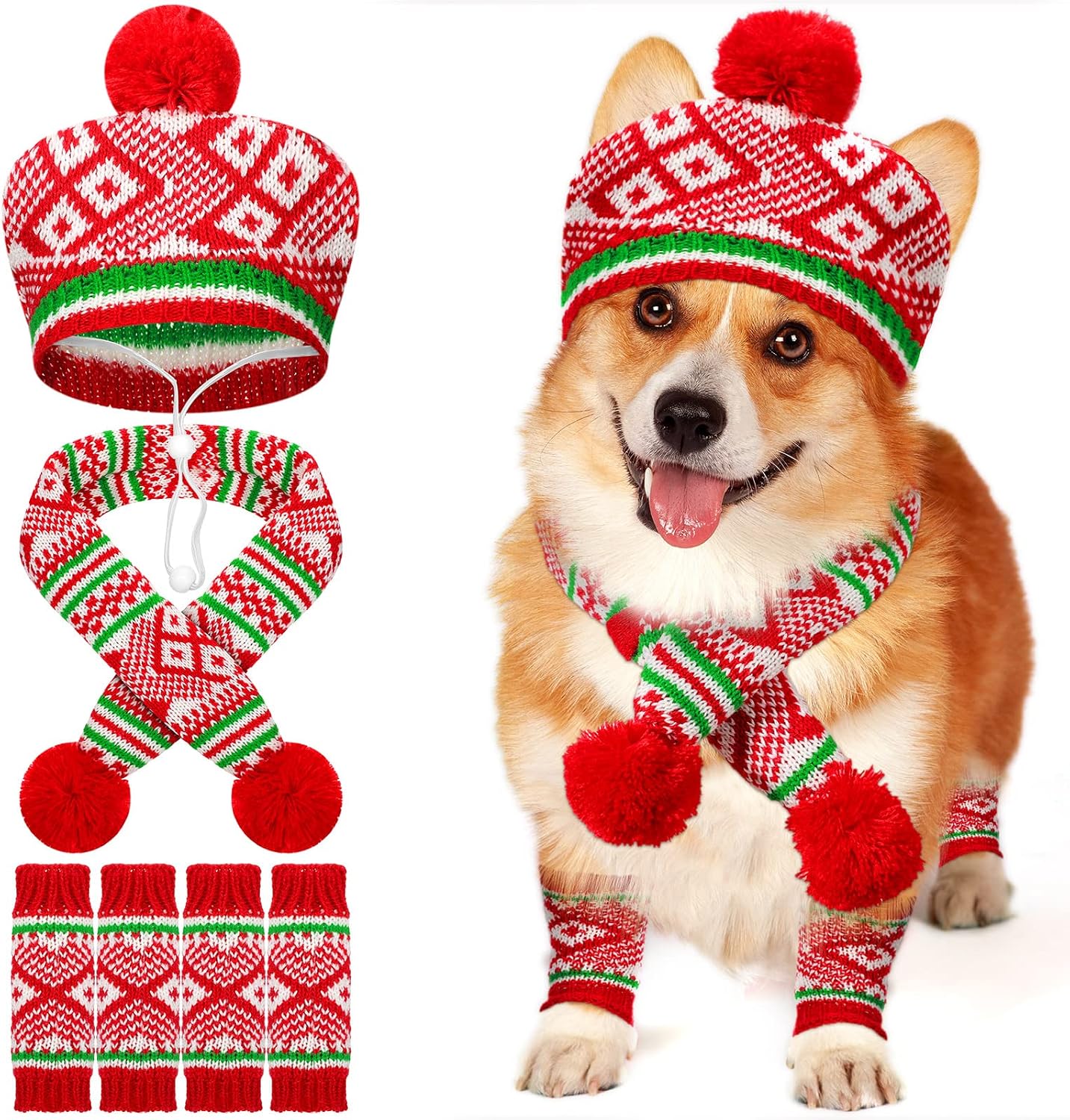 6 Pcs Christmas Dog Costumes Hat Scarf Leg Warmers Set Dog Knitted Winter Scarf Xmas Party Costume Accessories Winter Warm Clothes for…