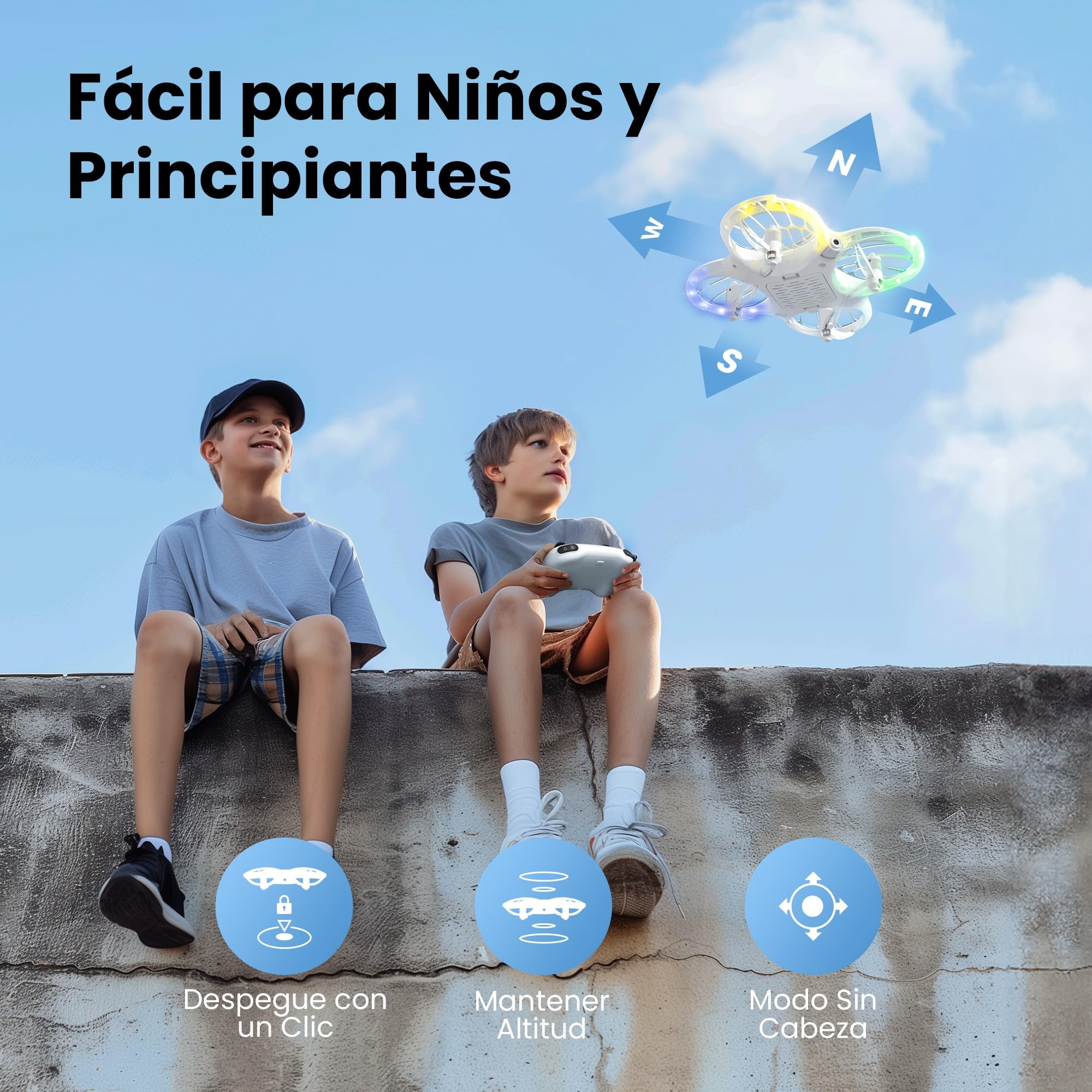 Ameta Morpho Dron para Niños con Camara 1080P, Mini Drone FPV con 32 Luces RGB/Vuelo en Círculo/ 3D Voltear/ 18min de Vuelo/Timbre Perdido, Juguetes Regalo para Niños Niñas, Menos de 250g