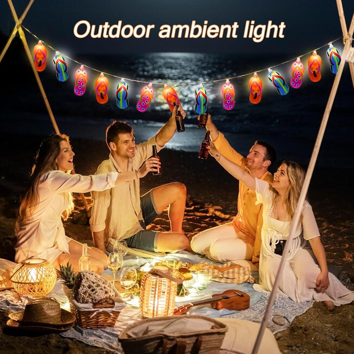 8.5Ft Tropical Beach Themed Decorations Slipper LED String Lights with 10 Colorful Flip Flop, Outdoor Beach Flip Flop String Lights for Summer Camp Tent Wedding Holiday Party Garden Bedroom Decor