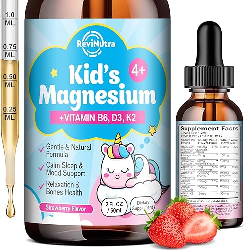 Gotas líquidas de glicinato de magnesio para niños con omega-3, ashwagandha, vitamina B6, D3, K2, calcio y manzanilla, gotas de magnesio para