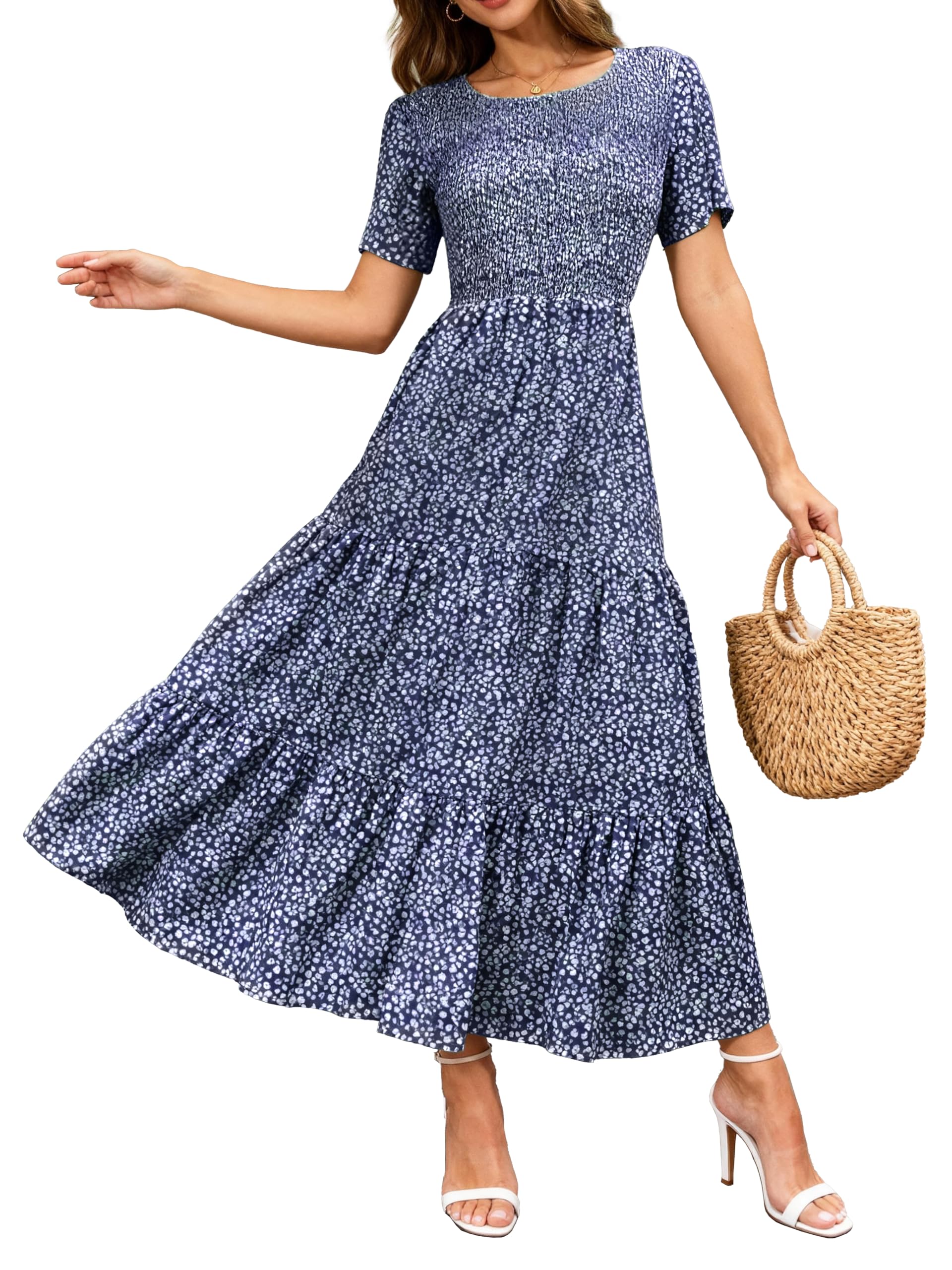 BTFBM Lässiges Sommerkleid für Damen, kurzärmelig, Rundhalsausschnitt, Bohemian-Stil, Blumendruck, fließendes Maxikleid, gestuftes Cocktailkleid, Dunkelblau, Groß