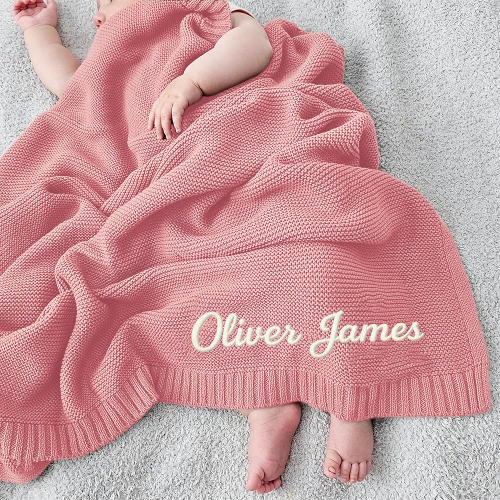 Noni Personalized Knit Embroidered Baby Name Blanket Custom Embroidered Cotton Nursery Blanket Gifts for Newborn Baby Boy and Girl Newborn Holiday