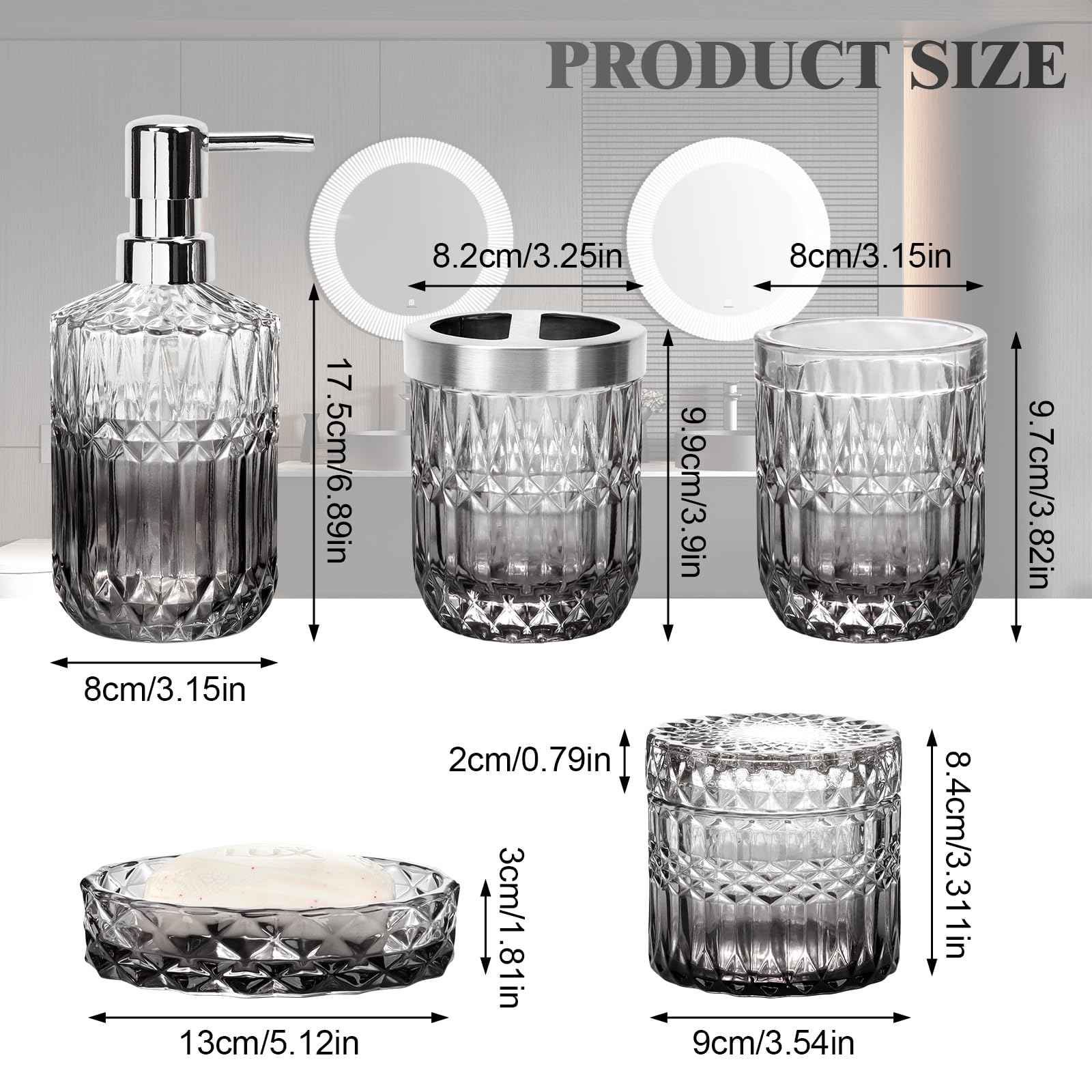 5-teiliges Badezimmer-Set aus Glas, Stilvolle Badezimmer-Deko mit Seifenspender, Zahnbürstenhalter, Wattepad-Halter, Becher, Seifenschale für Waschtisch, Badezimmer (Grauer Farbverlauf)