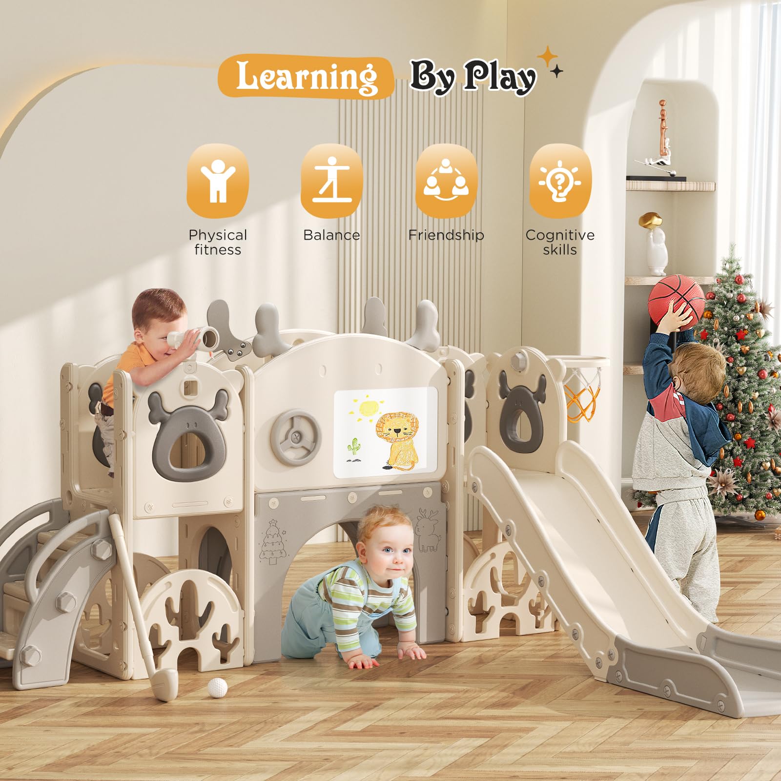 Kinderrutsche mit Basketballring, Elch-Themenrutsche für Kinder, Spielplatz für drinnen und draußen, unabhängiges Kletterspielset mit Rutsche für Babys (Beige Grau-7-in-1)