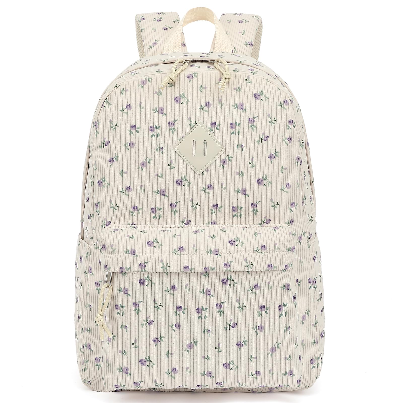 Yusudan Corduroy Girls Backpack - Kids Elementary School Backpacks - Middle School Bookbags - Women Travel Daypacks (Beige Corduroy Floral Purple)