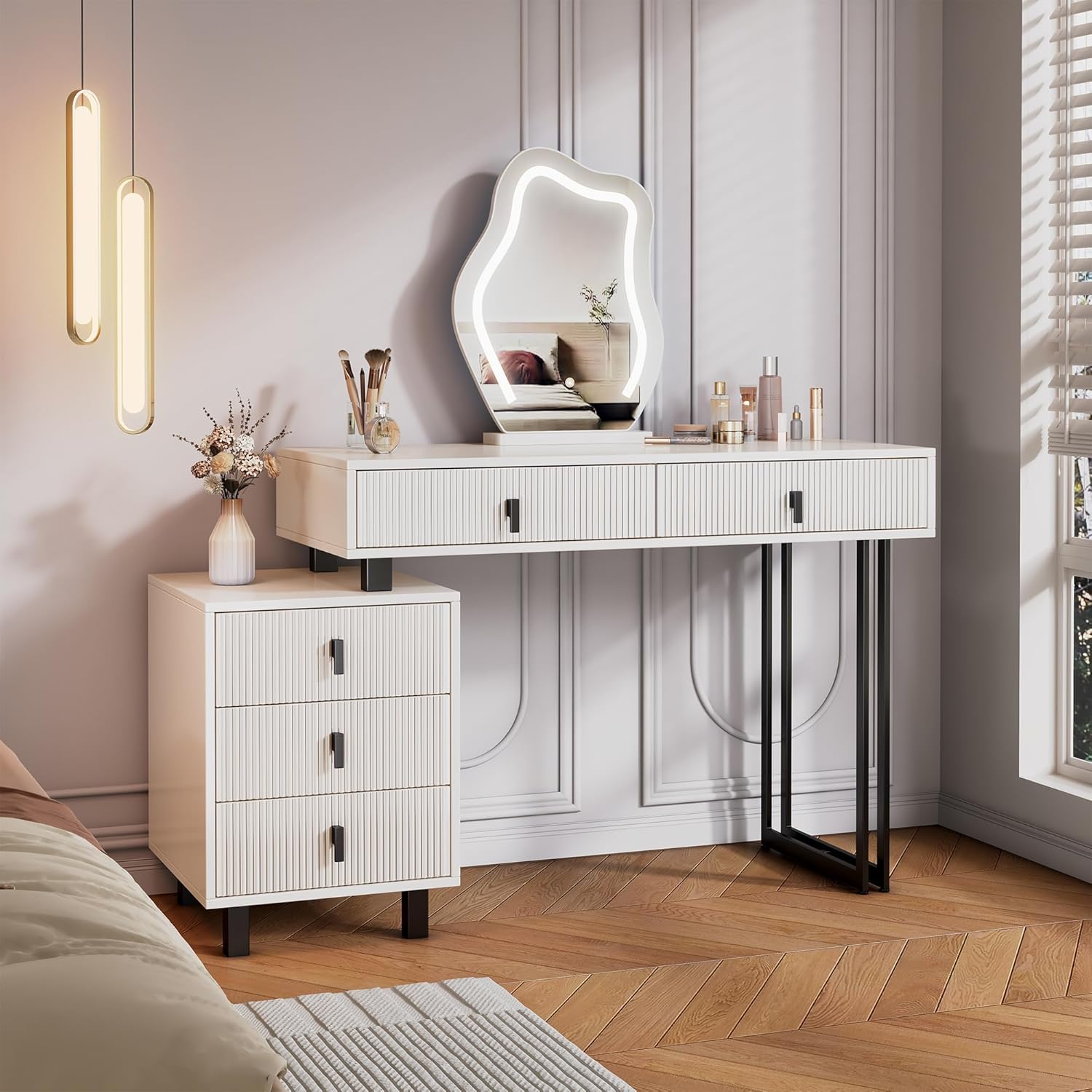 Vanity Desk with Mirror and Lights| Small Makeup Vanity Set with Adjustable Cabinet & 5 Drawers Storage| Modern Dressing Table for Small Spaces & Bedroom(White and Black) 35.43"