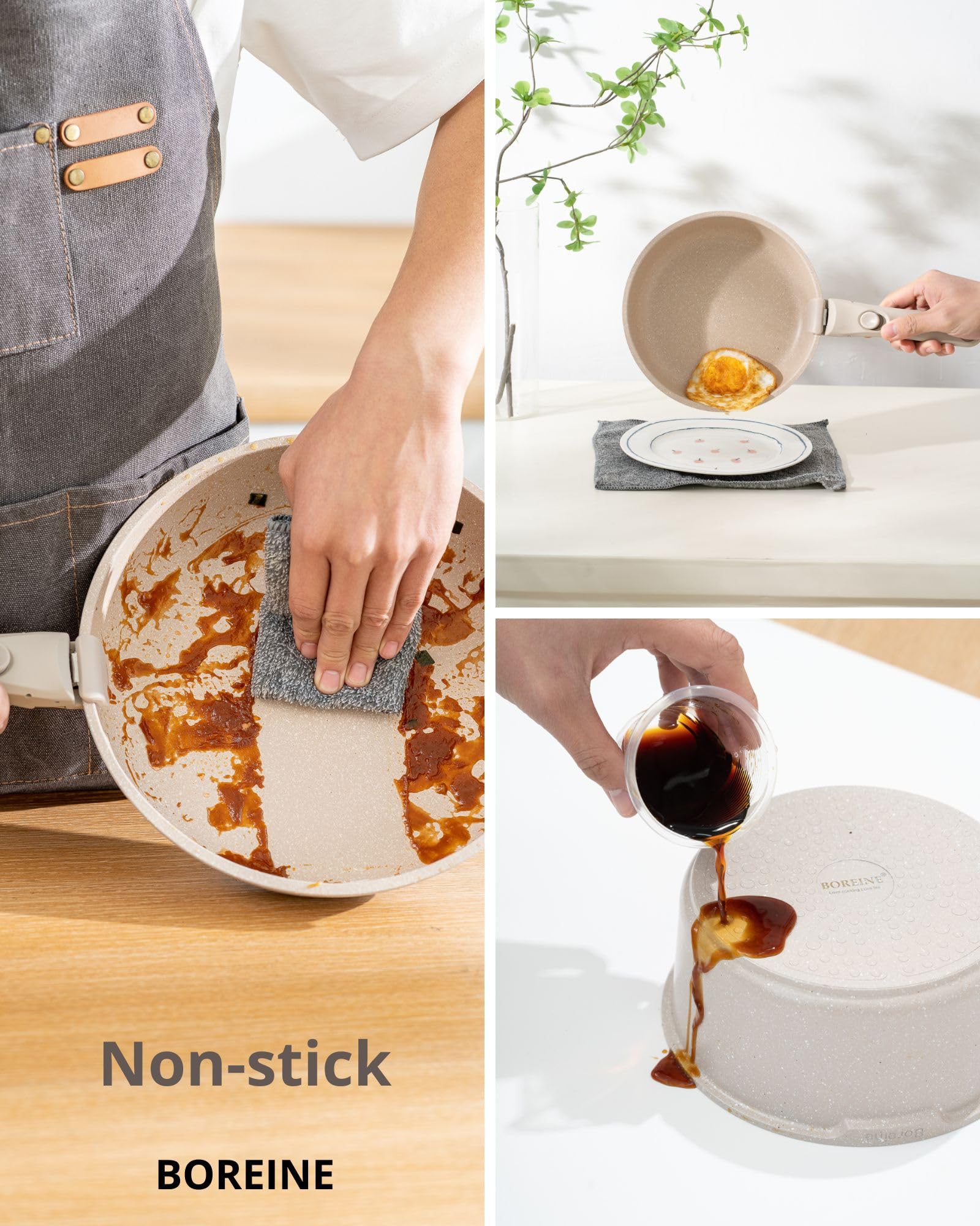 BOREINE Set di Pentole e Padelle 14 Pezzi, Batteria Pentole Antiaderente Senza PFOA e PTFE, Manico Removibile, Compatibile Induzione, Gas, Forno e Tutti i Piani Cottura, Marrone