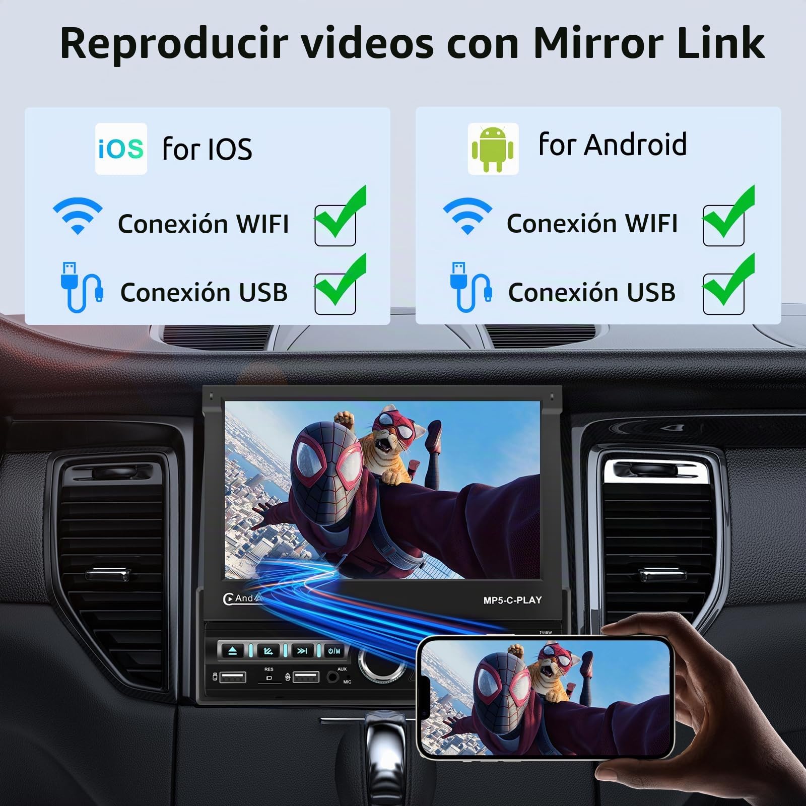 VECHTEL Radio Coche Bluetooth con Carplay Android Auto Inalámbrico, Autoradio 1 DIN con Retráctil Eléctrico Pantalla Táctil de IPS HD 7 Pulgadas Soporte Bluetooth Mirror Link Radio FM 2USB/AUX Cámara