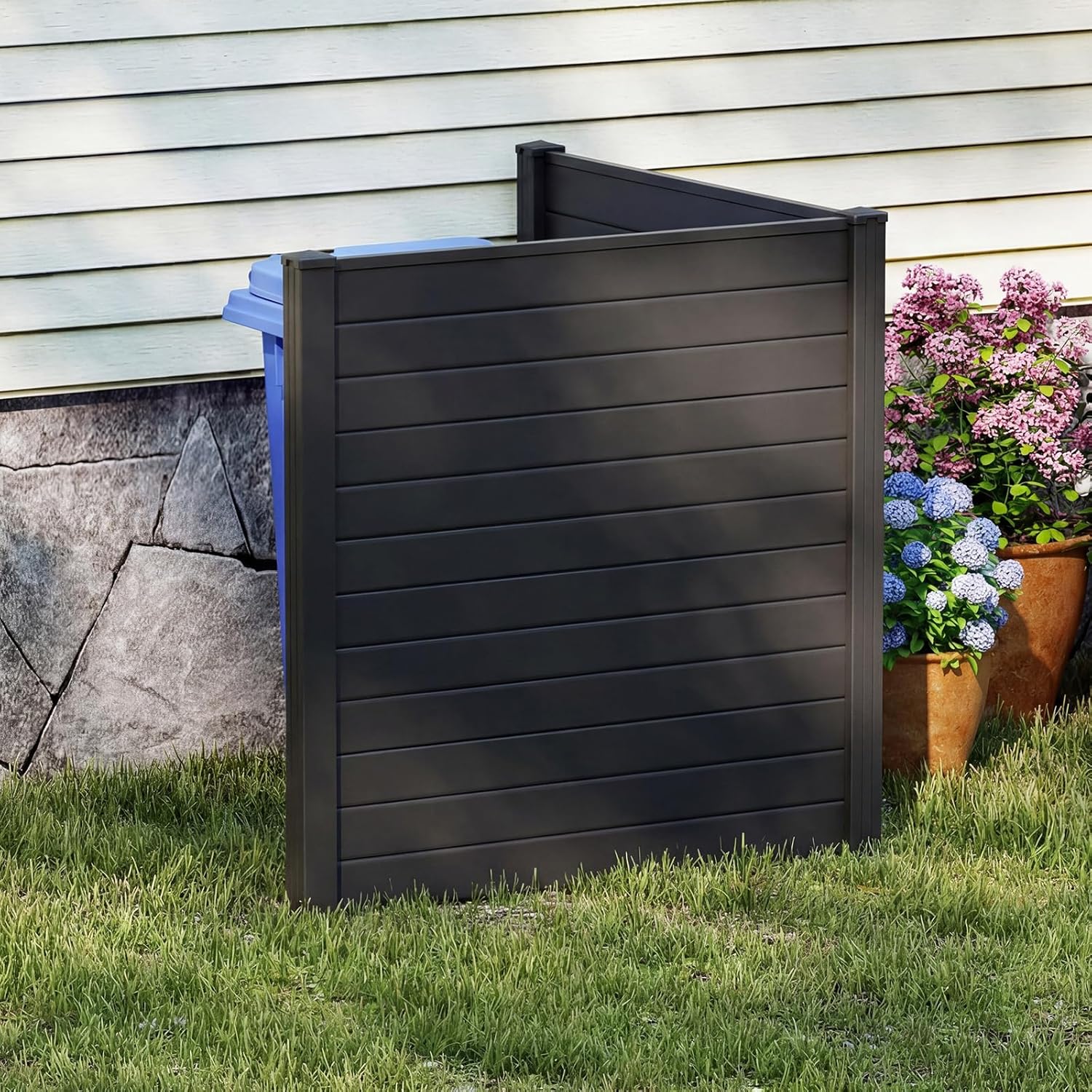 HAPPYGRILL Air Conditioner Fence, 2 Panels Outdoor Privacy Fence Screen w/3 Stakes, 48”W x 48”H PP Pool Equipment Enclosure Trash Can Screen, Decorative Garden Fences for AC Unit Patio Lawn, Black