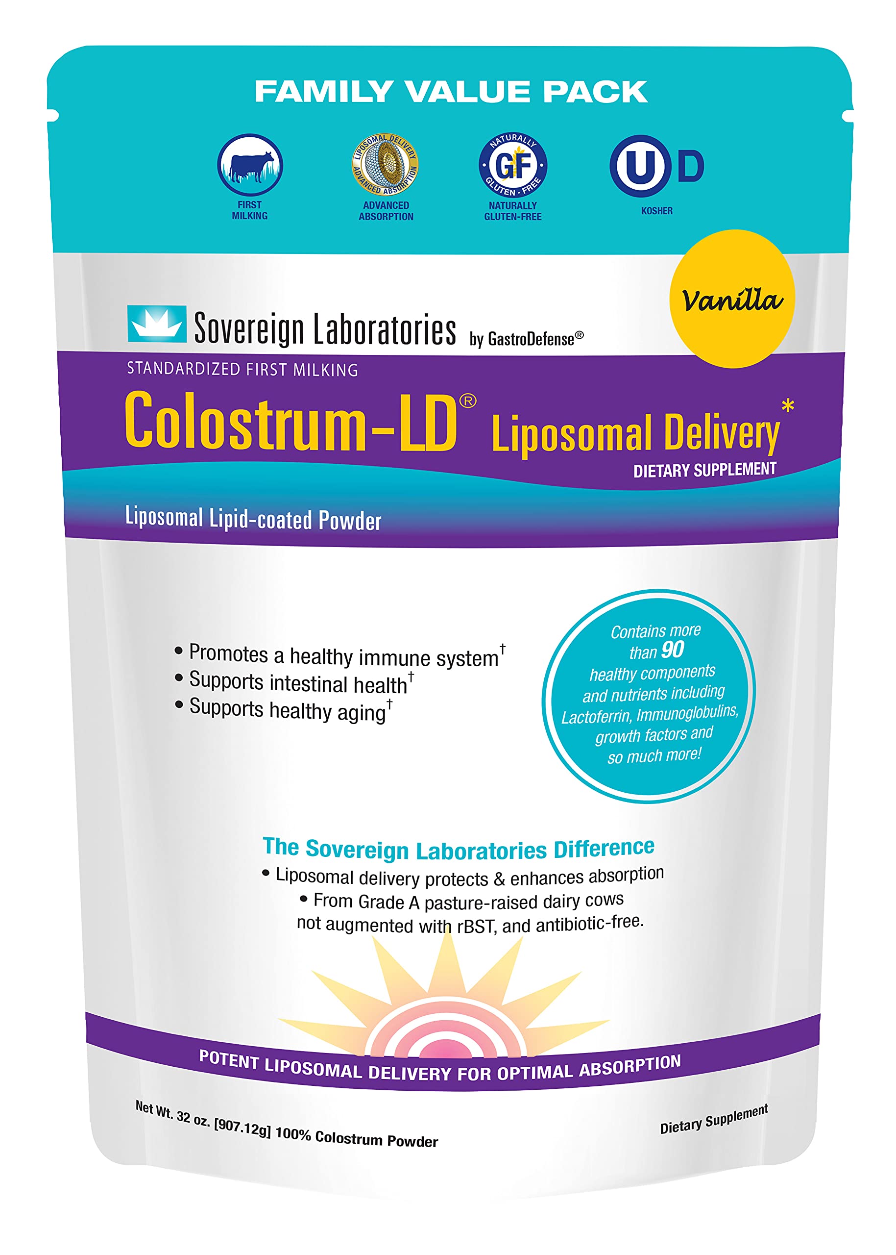 Proprietary Liposomal Colostrum Powder - Immune & Digestive Support - Gluten-Free, Lactose-Reduced - 1500% More Bioavailability - Value Pack 180 Servings - Sovereign Laboratories - 900 Grams (Vanilla)